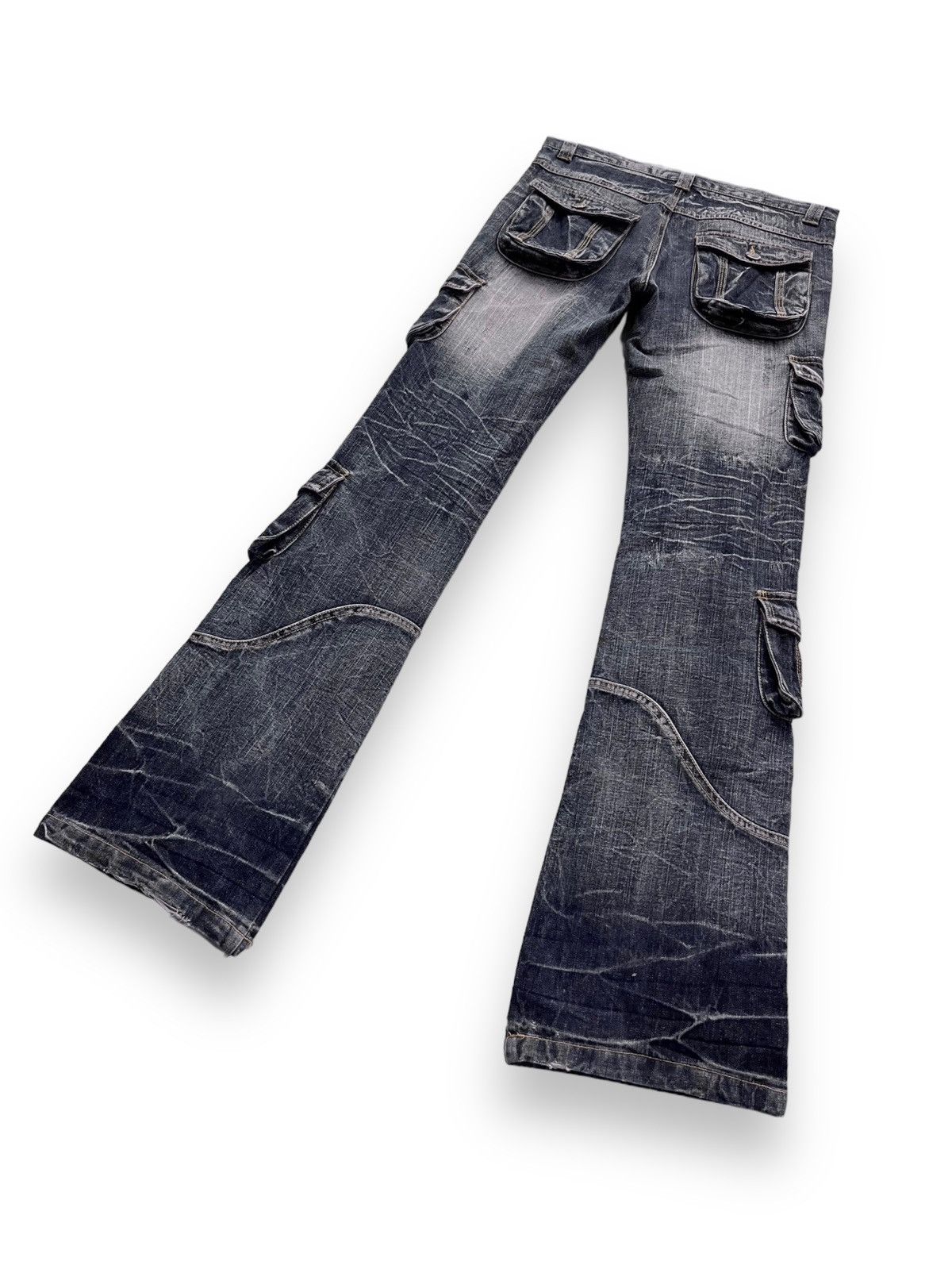 LOWBOX VERY RARE💥 Punk Distressed Whisker Multipocket Flare Denim Size US 29 - 7 Thumbnail