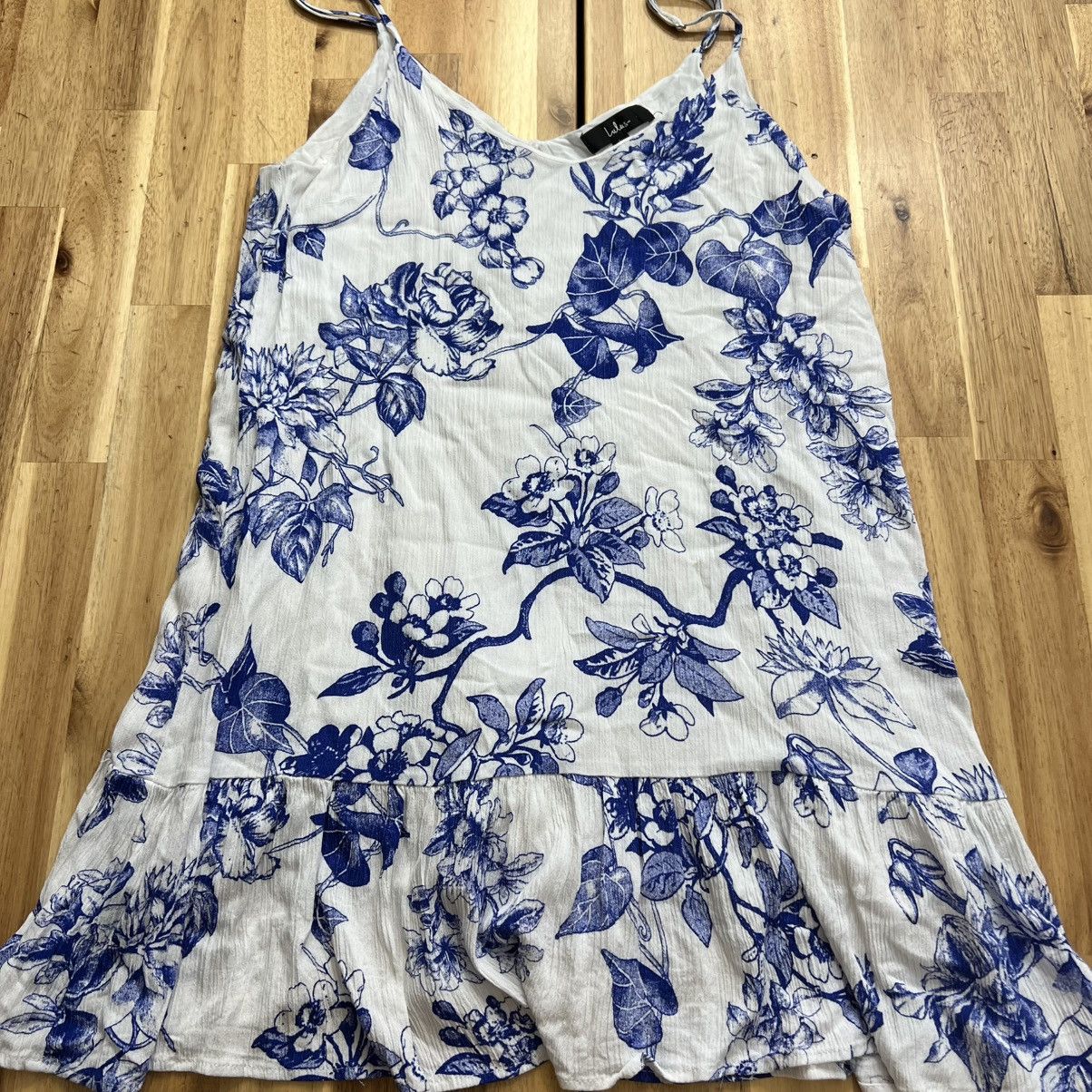 Lulus Lulus White & Blue Floral Print Camisole Dress, Size L Size L / US 10 / IT 46 - 1 Thumbnail