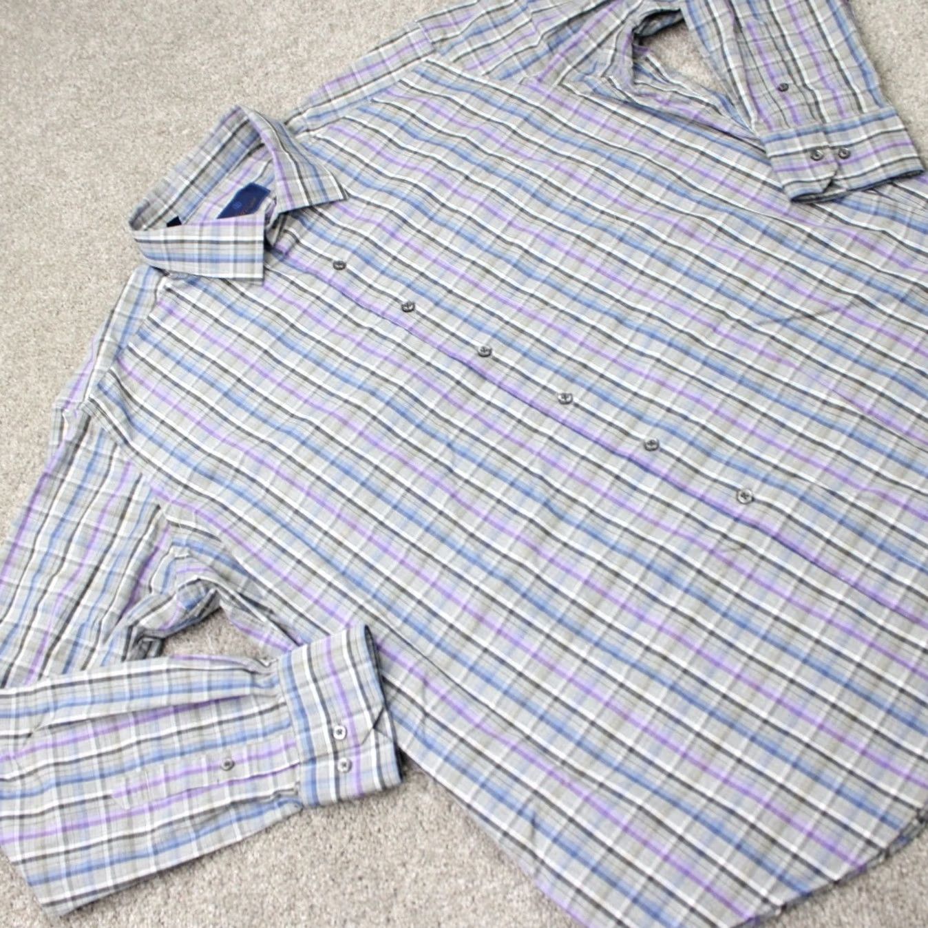 David Donahue David Donahue Shirt Mens 2XL Plaid Button-Up 100% Cotton Long Sleeve Gray Blue Purple Classic Preppy Colorful Mens Size US XXL / EU 58 / 5 - 7 Thumbnail