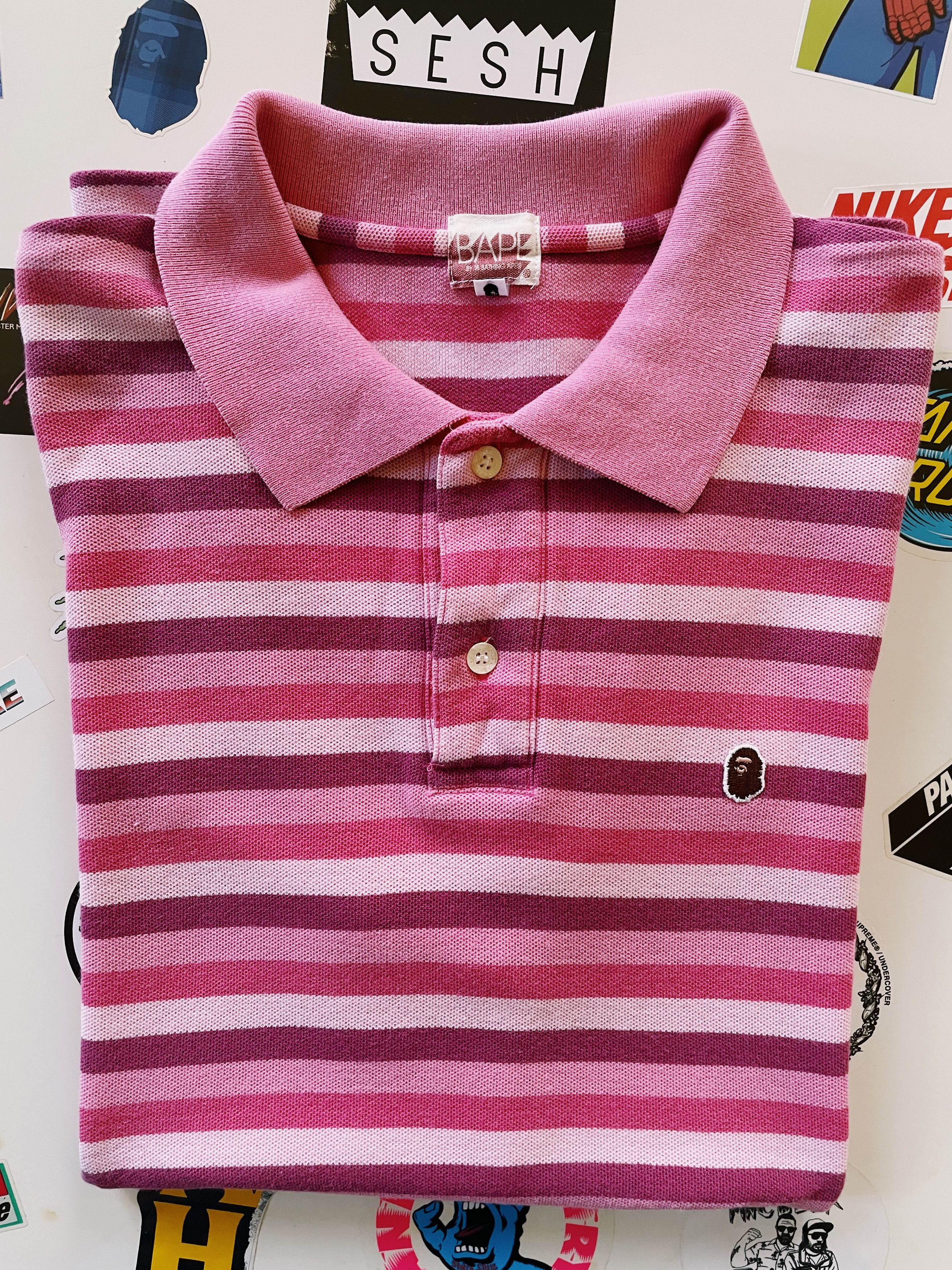 Bape Vintage Y2K Bape A Bathing Ape Head One Point Striped Polo Size US L / EU 52-54 / 3 - 6 Thumbnail