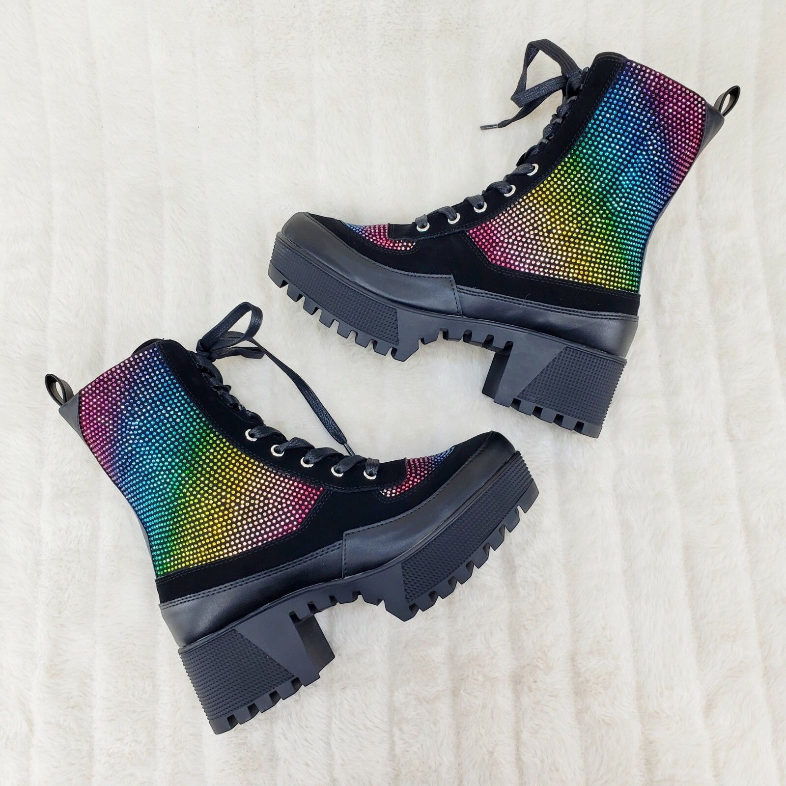 Diva Shine Rainbow Rhinestone Lace Up Platform Combat Ankle