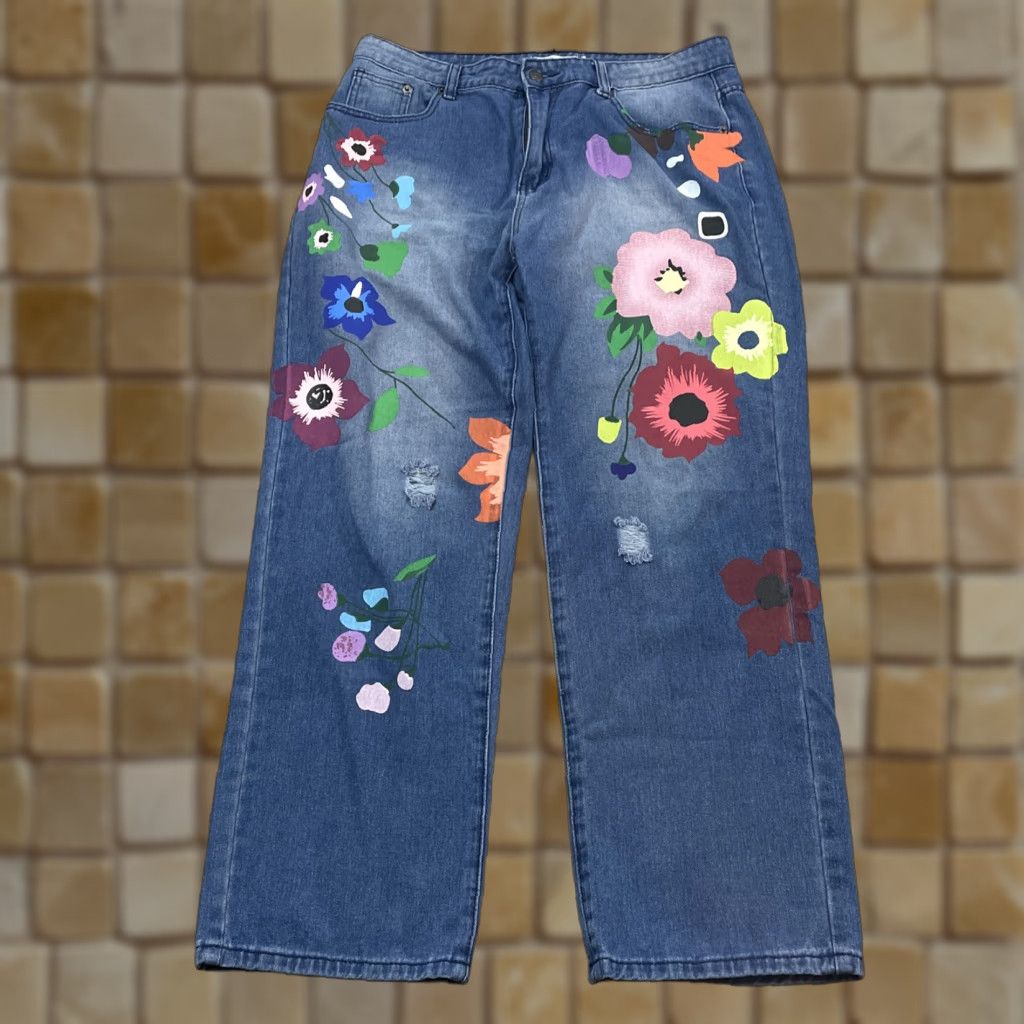 Vintage Miss Look Denim Blue Jeans Women's XL High Rise Straight Fit Hipster Boho Floral Painted Hippie Style Size 40" / US 18 - 1 Thumbnail