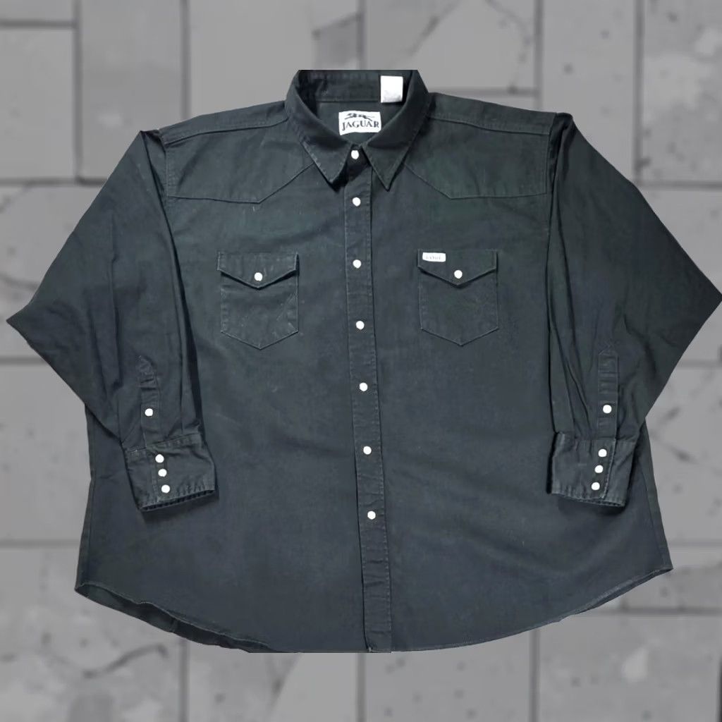 Vintage Jaguar Shirt Mens 4XL Dark Gray Twill Long Sleeve Western Snap Heavy Workwear Shirt Size US XXL / EU 58 / 5 - 1 Thumbnail