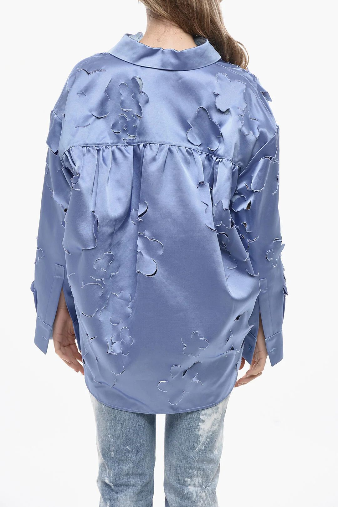 Marni og1mm0326 Floral Cut-Out Motif Satin Blouse in Light Blue Size S / US 4 / IT 40 - 2 Thumbnail