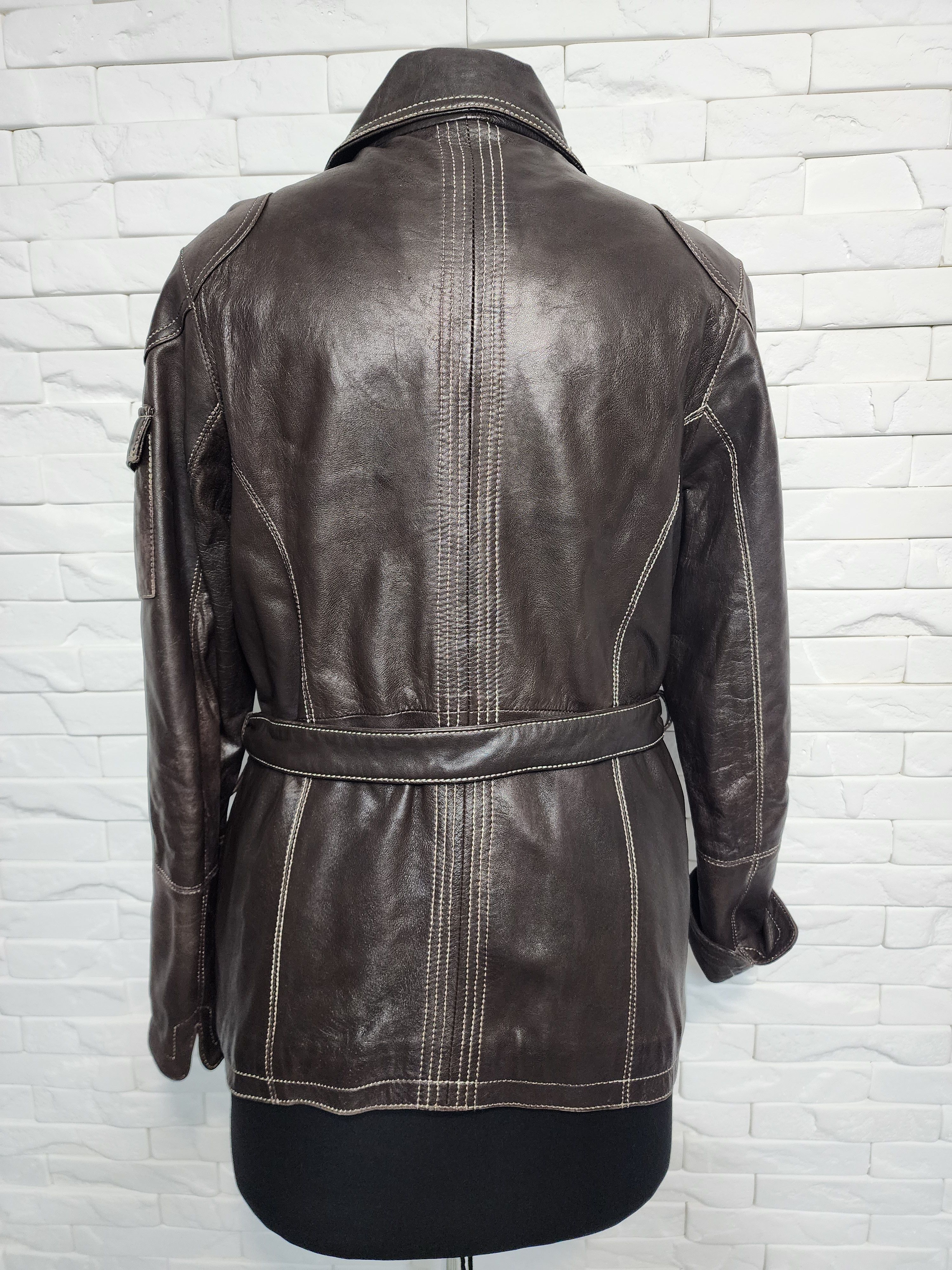 Designer Brown Leather Belted Jacket: Size L / US 10 / IT 46 - 6 Thumbnail