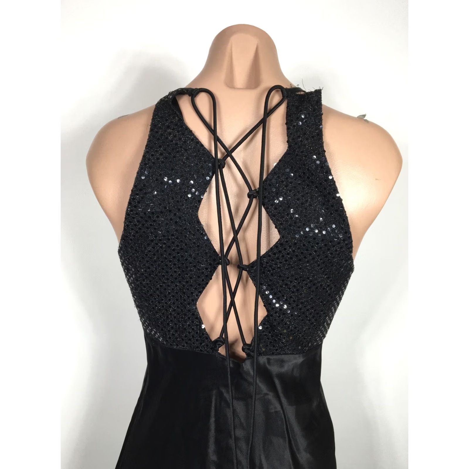 Vintage VTG ZUM ZUM Dress 90s y2k Black Satin A-Line Sequin Lattice Back Evening Gown 8 Size M / US 6-8 / IT 42-44 - 5 Thumbnail
