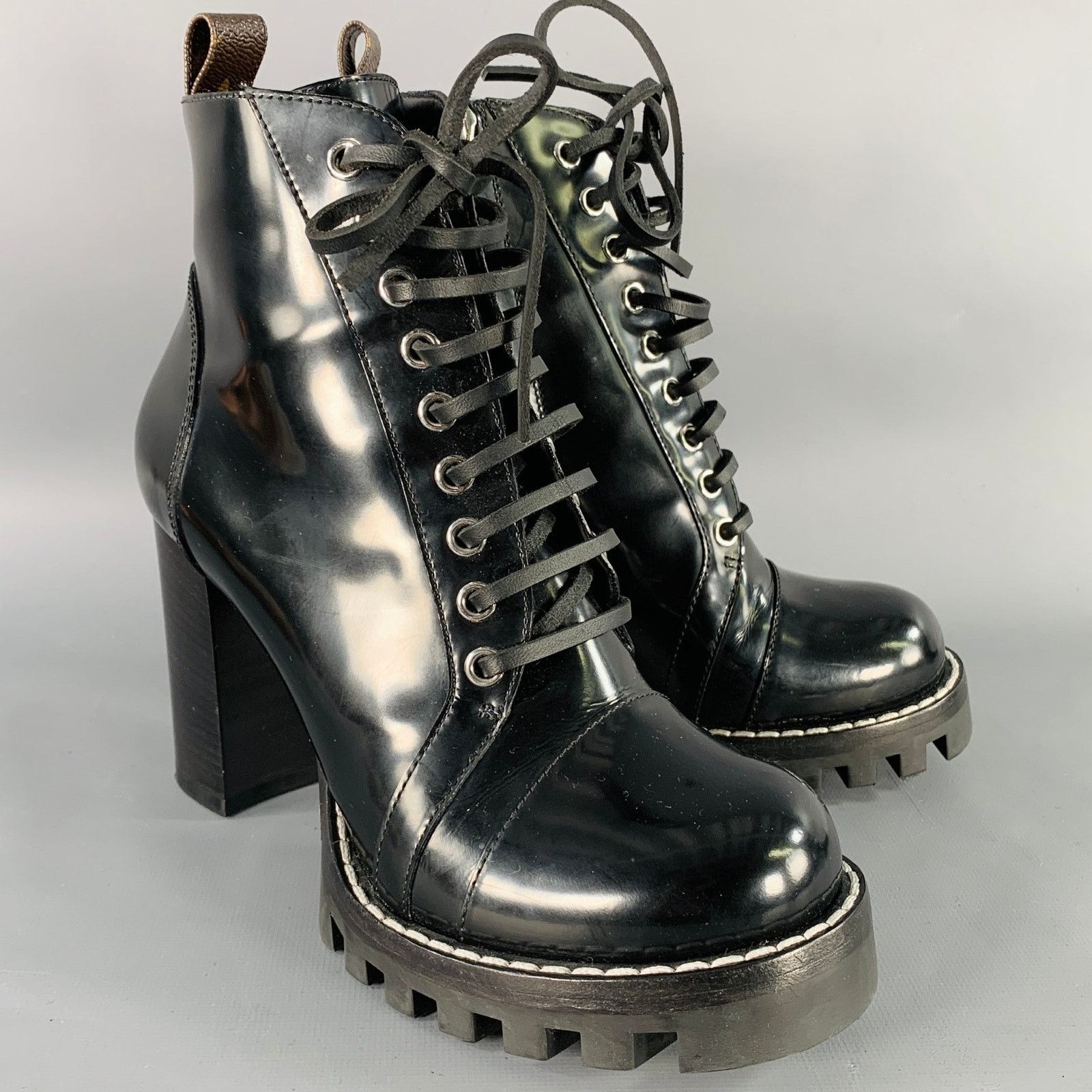 Louis Vuitton LOUIS VUITTON Black Patent Leather Tread Sole Lace-Up Boots Size US 7.5 / IT 37.5 - 1 Thumbnail
