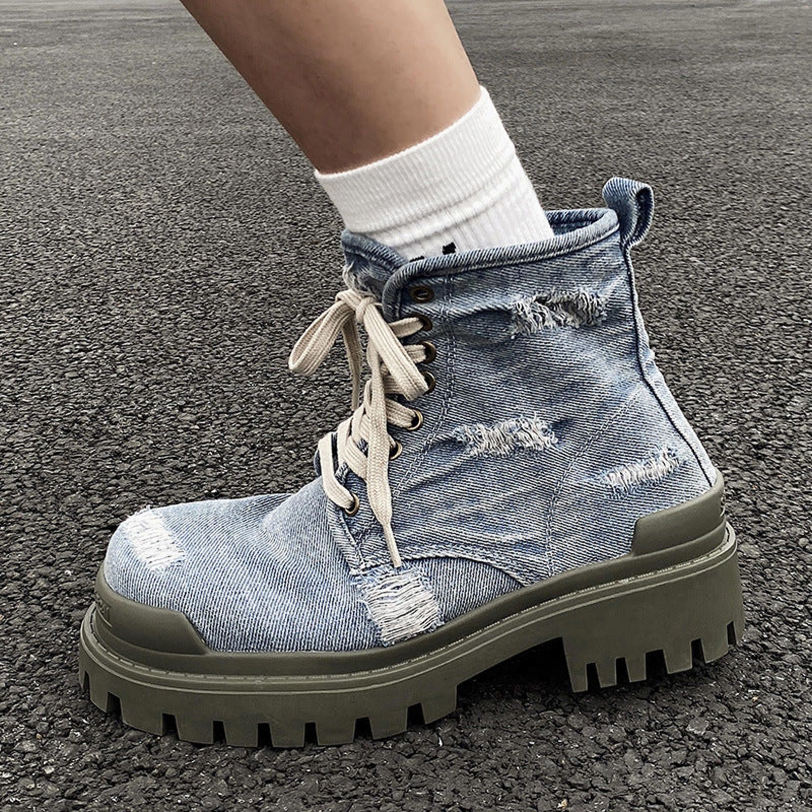 Japanese Brand Blue Distressed Denim Boots | Vintage Wash Thick-Sole Size US 10 / EU 43 - 2 Thumbnail