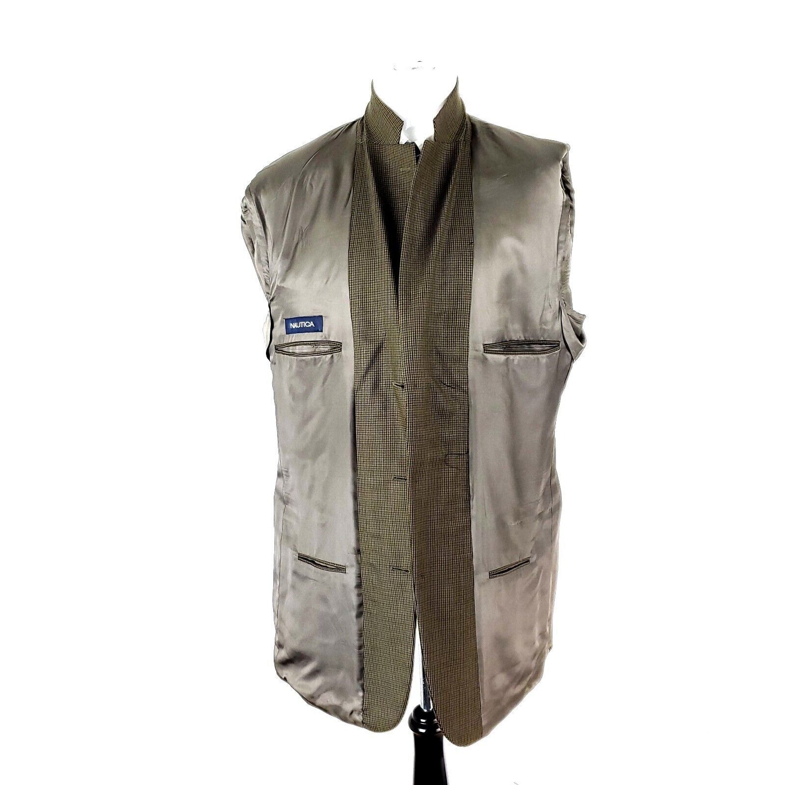 Nautica Nautica Wool 3 Button Blazer 42L Dark Beige Houndstooth Wind Size 42L - 9 Thumbnail