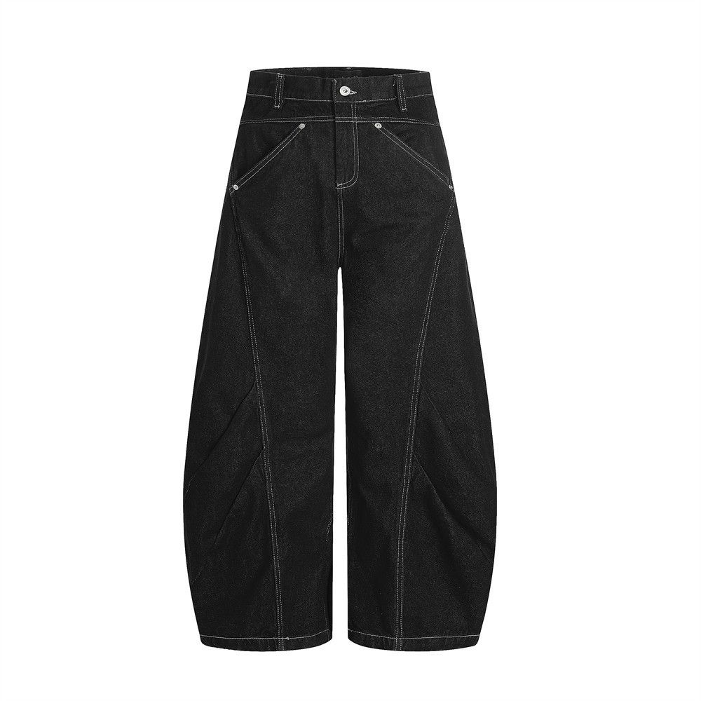 Men's washed patchwork topstitched scimitar jeans