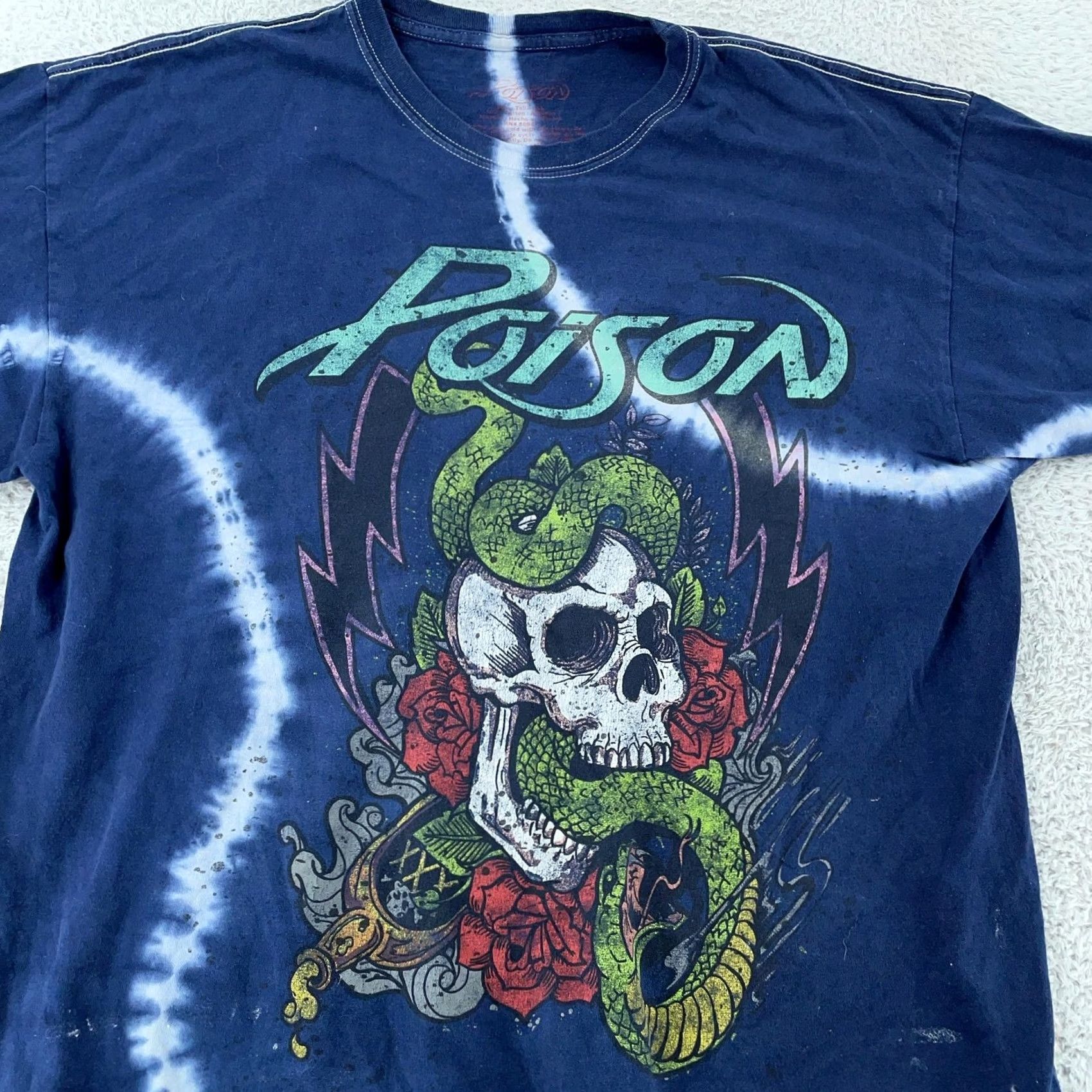 Vintage Poison Tie Dye T-Shirt XL Blue Rock Metal Concert Tour Skull Snake Roses Tee Size US XL / EU 56 / 4 - 2 Thumbnail