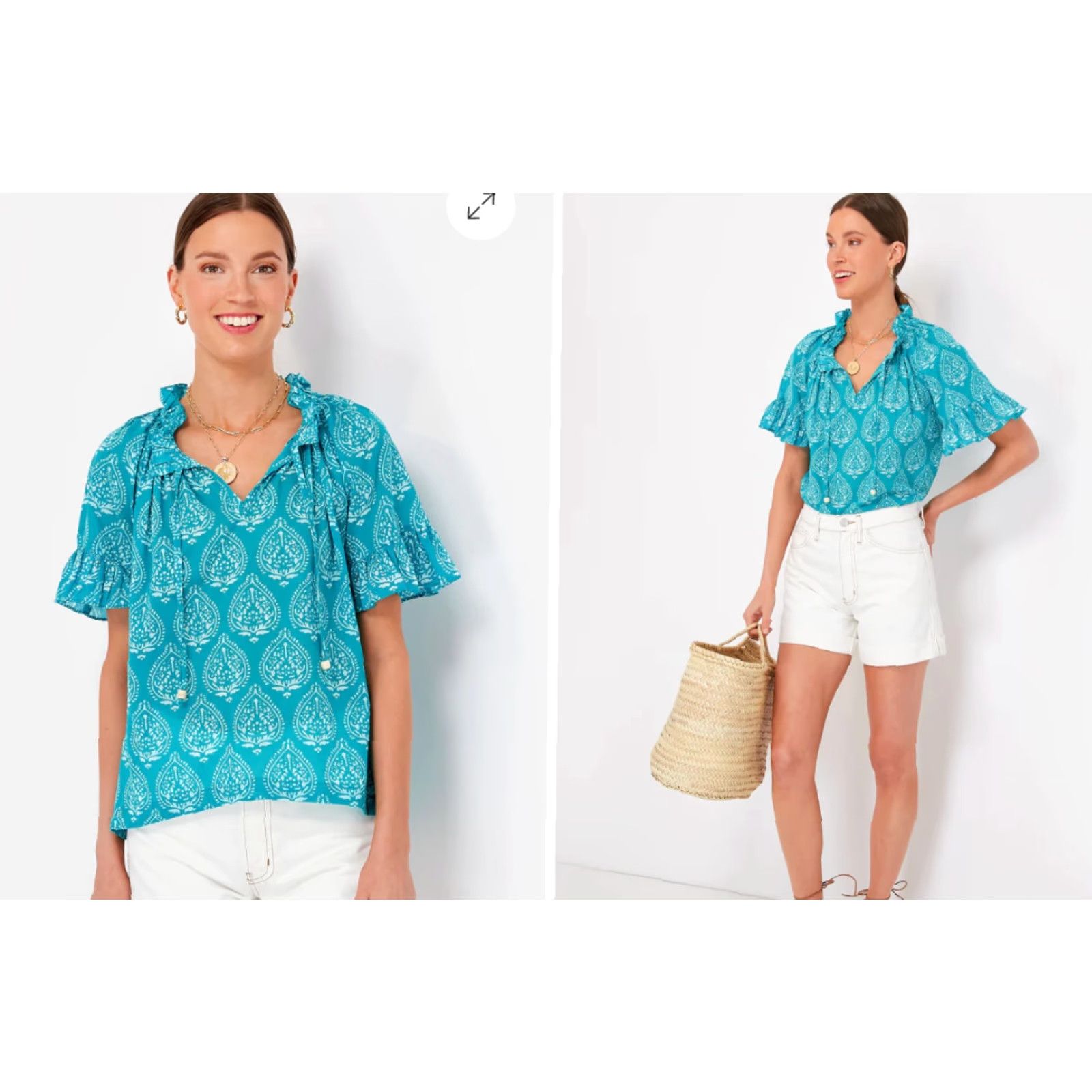 Vintage Tuckernuck Blouse Women’s 2XL Tropical Teal Blue Ruffled Casual Top Size XXL / US 16-18 / IT 52-54 - 2 Thumbnail