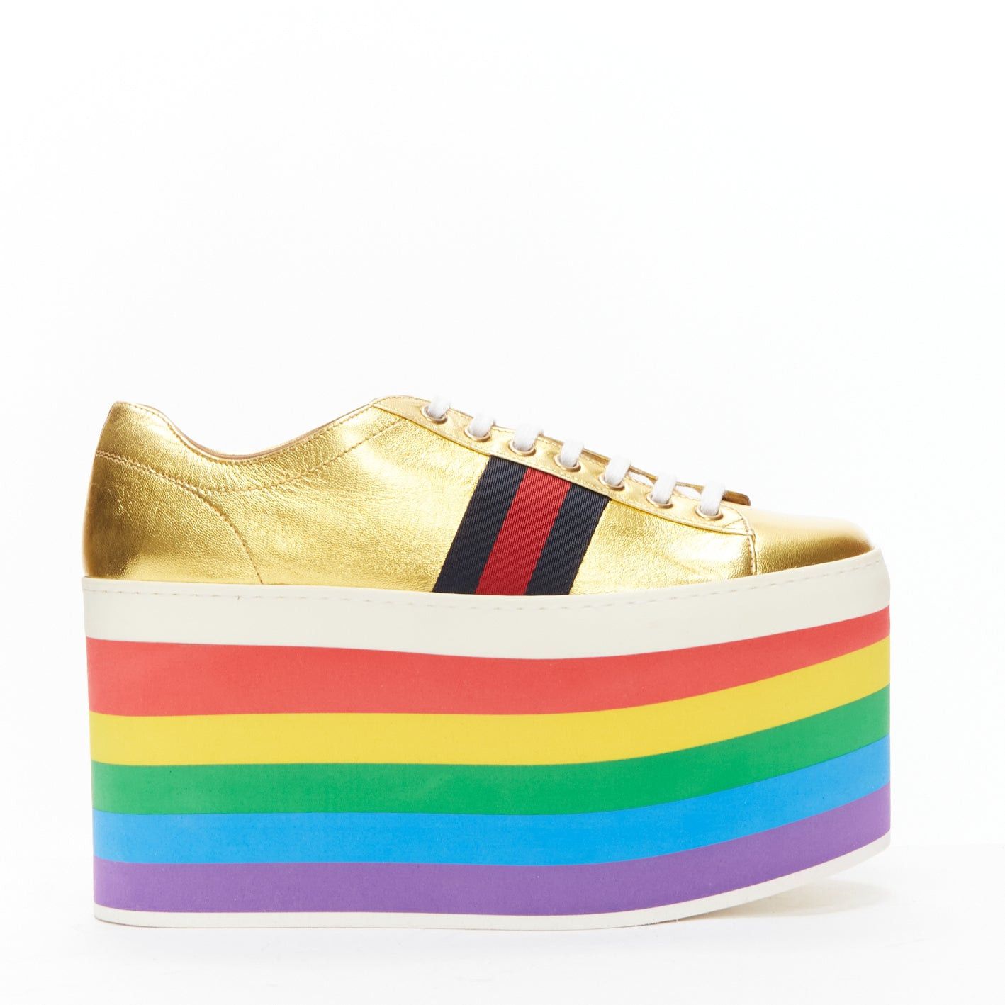 Gucci GUCCI Alessandro Michele Peggy rainbow gold web platform sneakers EU37.5 Size US 7.5 / IT 37.5 - 1 Thumbnail
