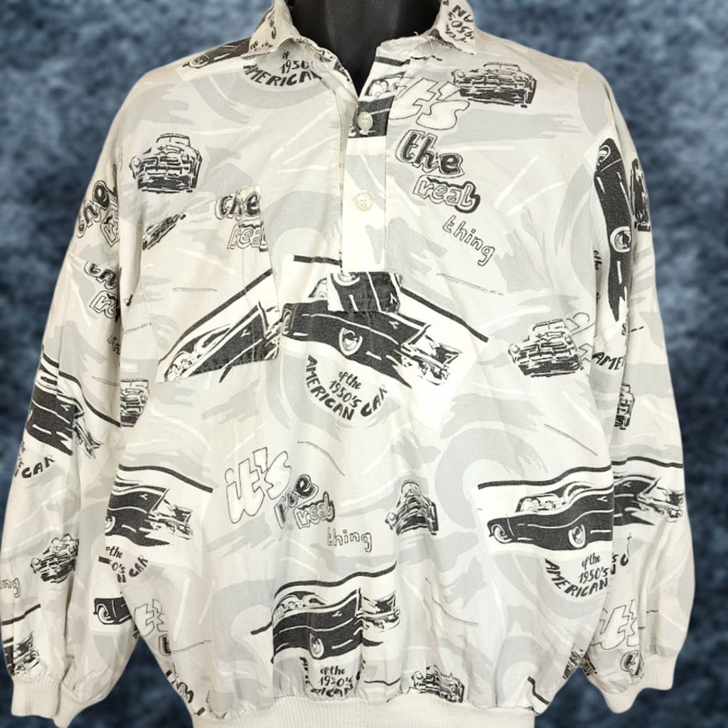Vintage VINTAGE Bronx Clothiers Polo Shirt Mens Size M 1950s American Car 90s White Cotton Button-Up Long Sleeve All Over Print Made In USA Size US M / EU 48-50 / 2 - 1 Thumbnail