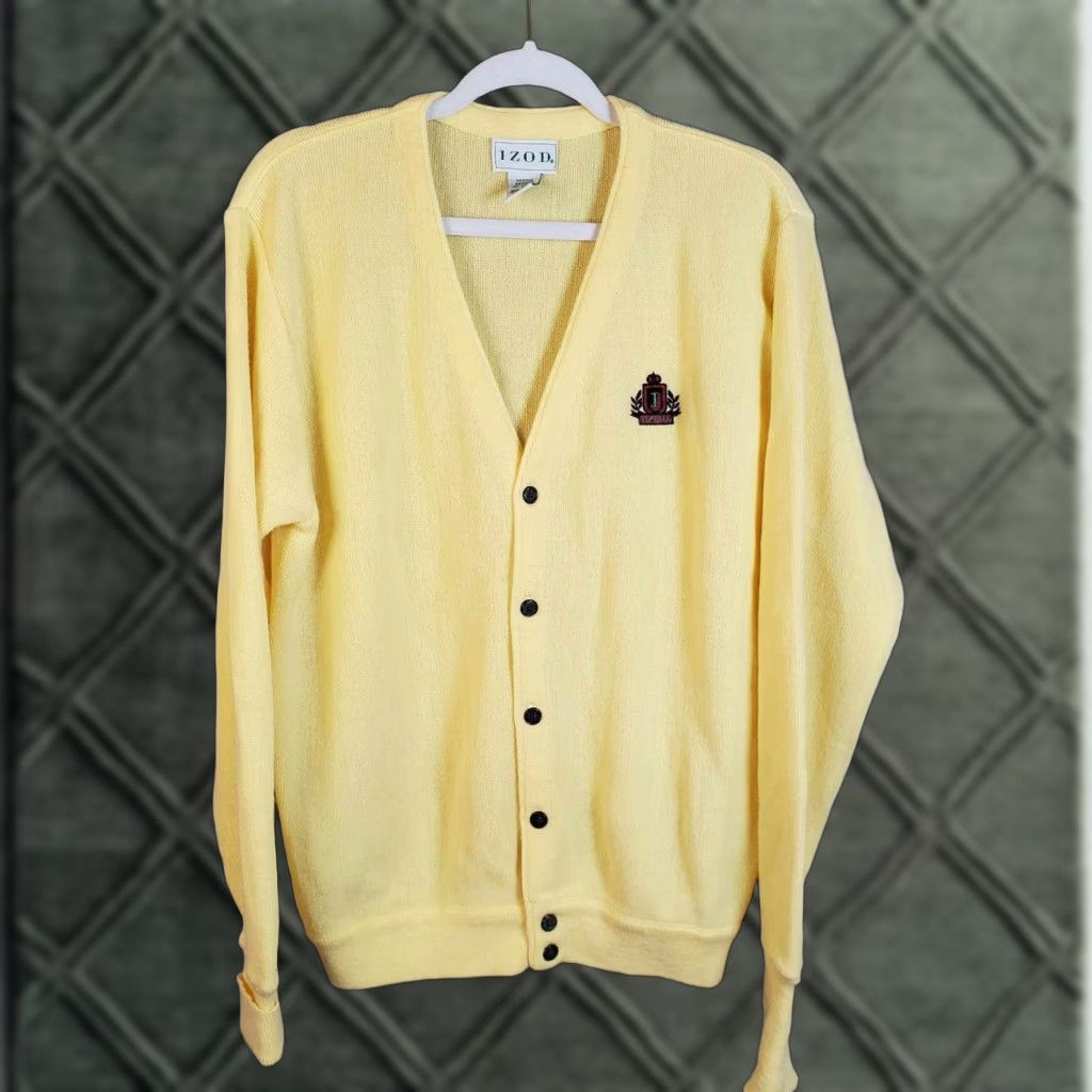 Izod VINTAGE IZOD Cardigan Sweater Mens Medium Butter Yellow Preppy Knit Button Up Size US L / EU 52-54 / 3 - 1 Thumbnail
