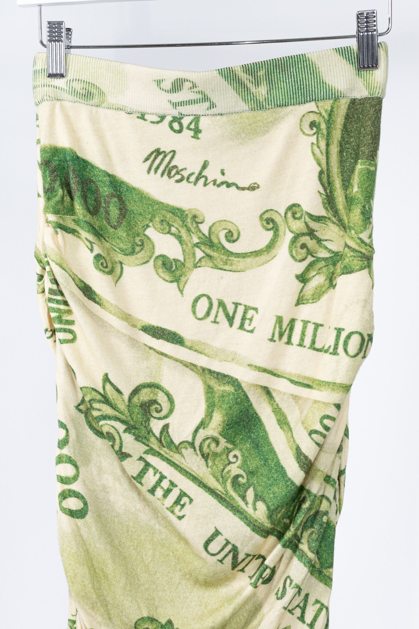 Moschino Moschino AW/19 Green Wool Money-Print Ruched Skirt Size 28" / US 6 / IT 42 - 3 Thumbnail