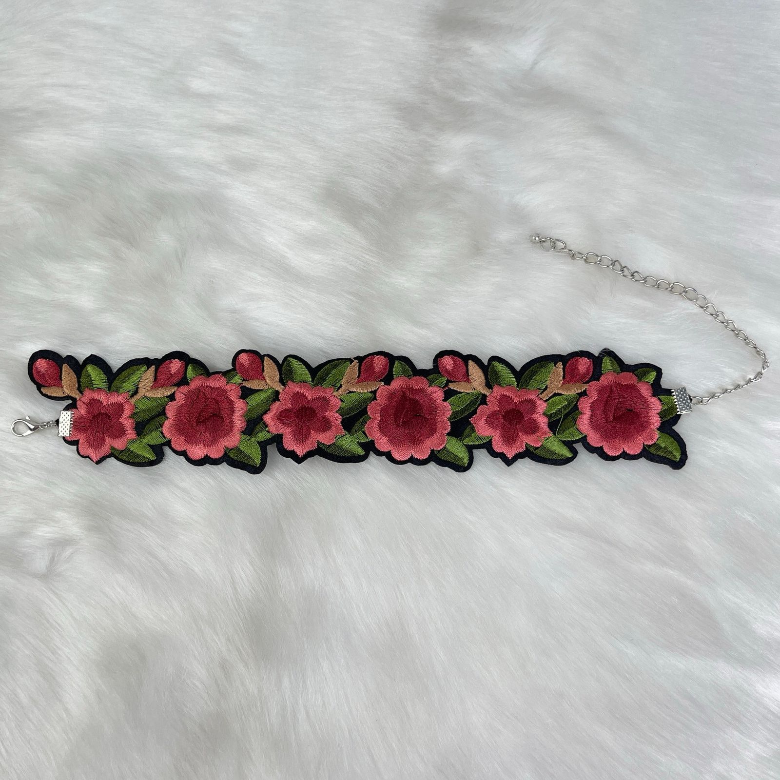 Other Embroidered Floral Choker Necklace Pink Green Black NWOT Size ONE SIZE - 19 Thumbnail