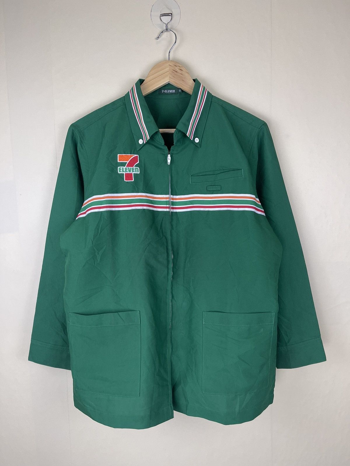 image of Vintage 7-Eleven Japan Embroidery Logo Long Sleeve Shirt in Green, Men's (Size Medium)