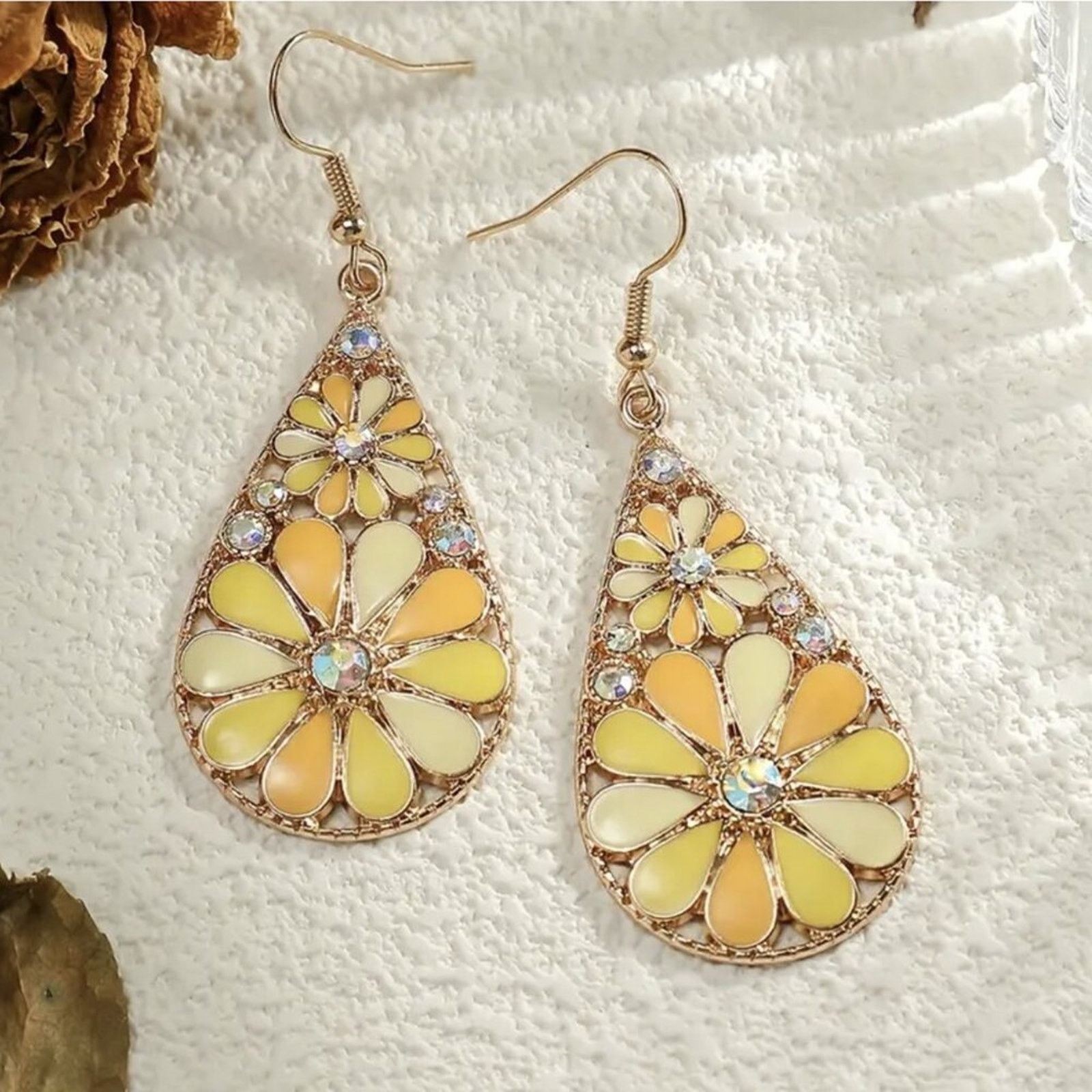 Other Yellow Mosaic Flower Dangle Earrings | Rose Gold Teardrop Size ONE SIZE - 8 Thumbnail