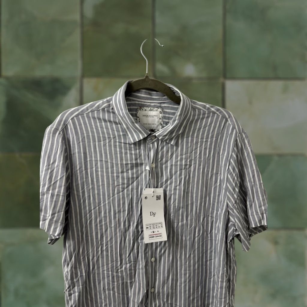 Denime Denim & Flower Ricky Singh Shirt Mens M Grey White Striped Viscose S/S NWT Size US M / EU 48-50 / 2 - 1 Thumbnail