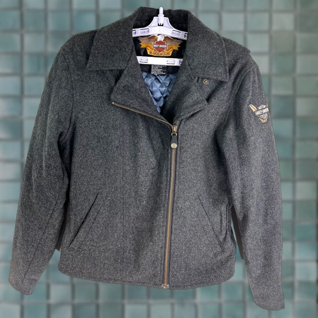 Harley Davidson Harley-Davidson Wool Blend Short Moto Jacket Womens Small Gray Quilt Lining Borderless? Size 28" / US 6 / IT 42 - 1 Thumbnail