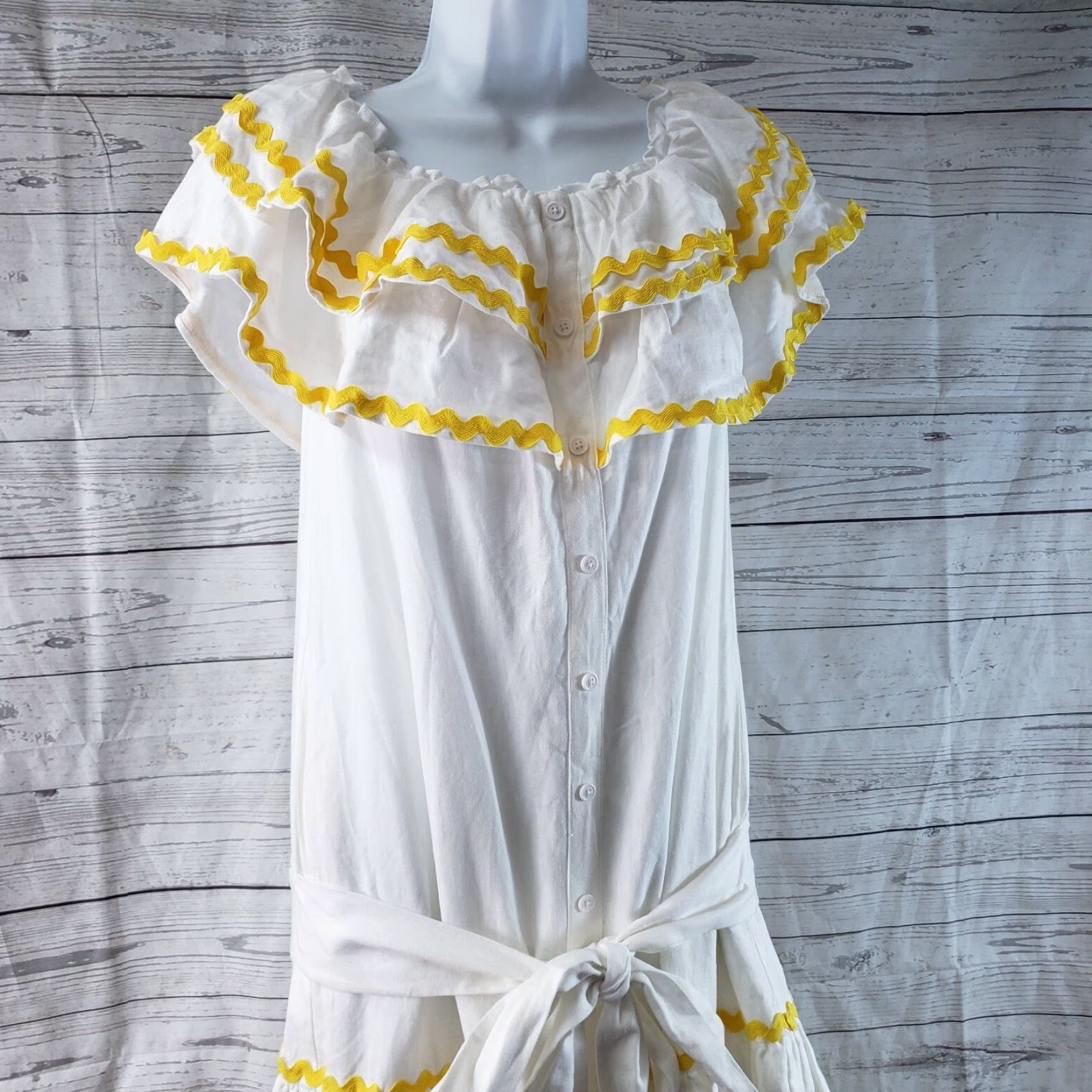 Lisa Marie Fernandez VINTAGE Lisa Marie Fernandez for Target Womens Off The Shoulder Dress XS White Yellow Dress XS White Off The Shoulder Linen Blend A-Line Midi Womens Size XS / US 0-2 / IT 36-38 - 2 Thumbnail