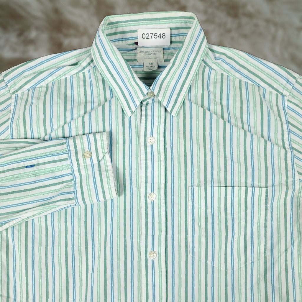 American Eagle Outfitters American Eagle Outfitters Shirt Mens Medium Green Blue Striped Collared Button-Up Long Sleeve Regular Fit Casual Business Formal Vintage No Size US M / EU 48-50 / 2 - 1 Thumbnail