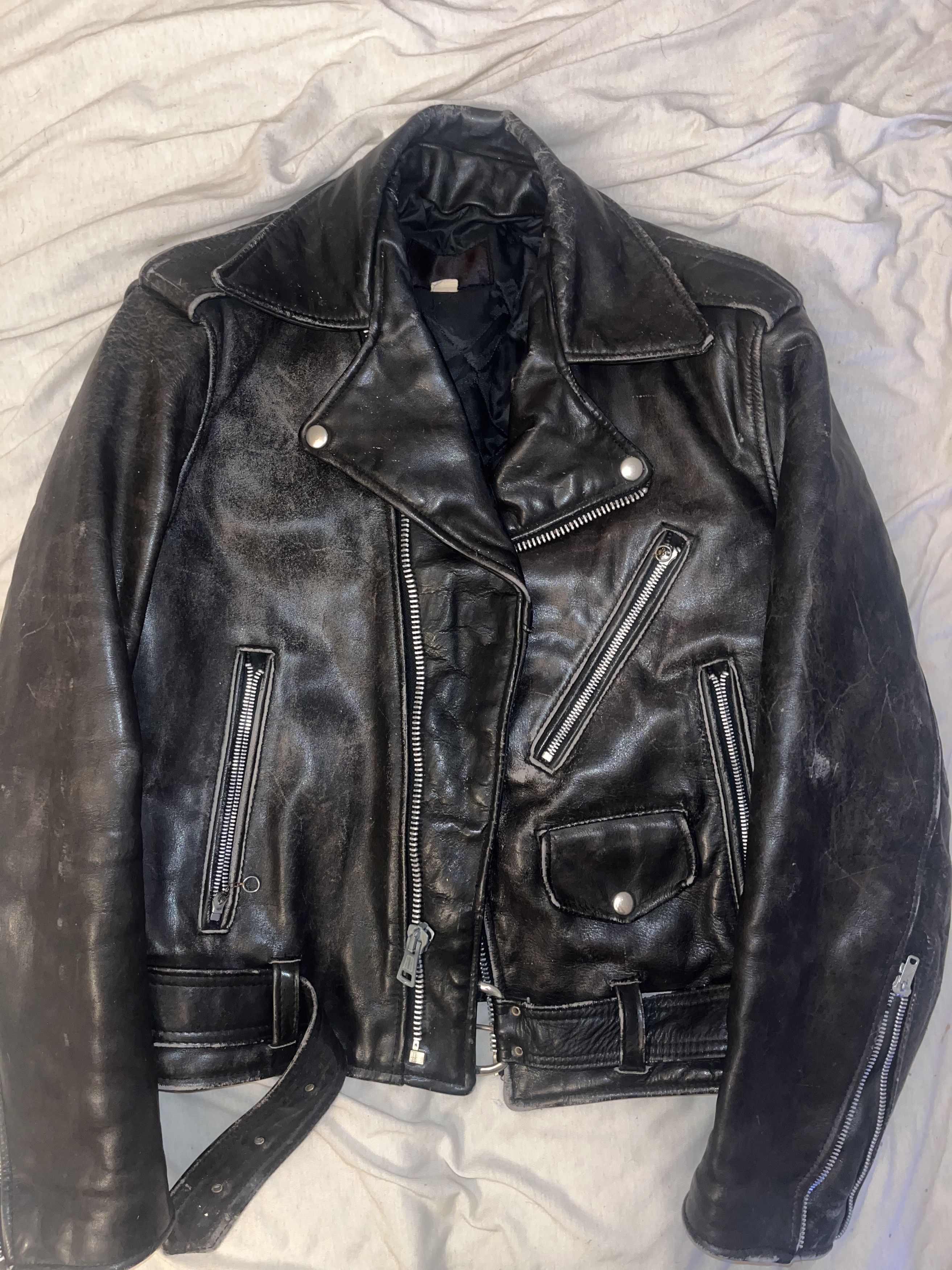 image of Vintage 80's Gregory & Sons Leather Motorcycle Jacket in Black, Men's (Size Small)