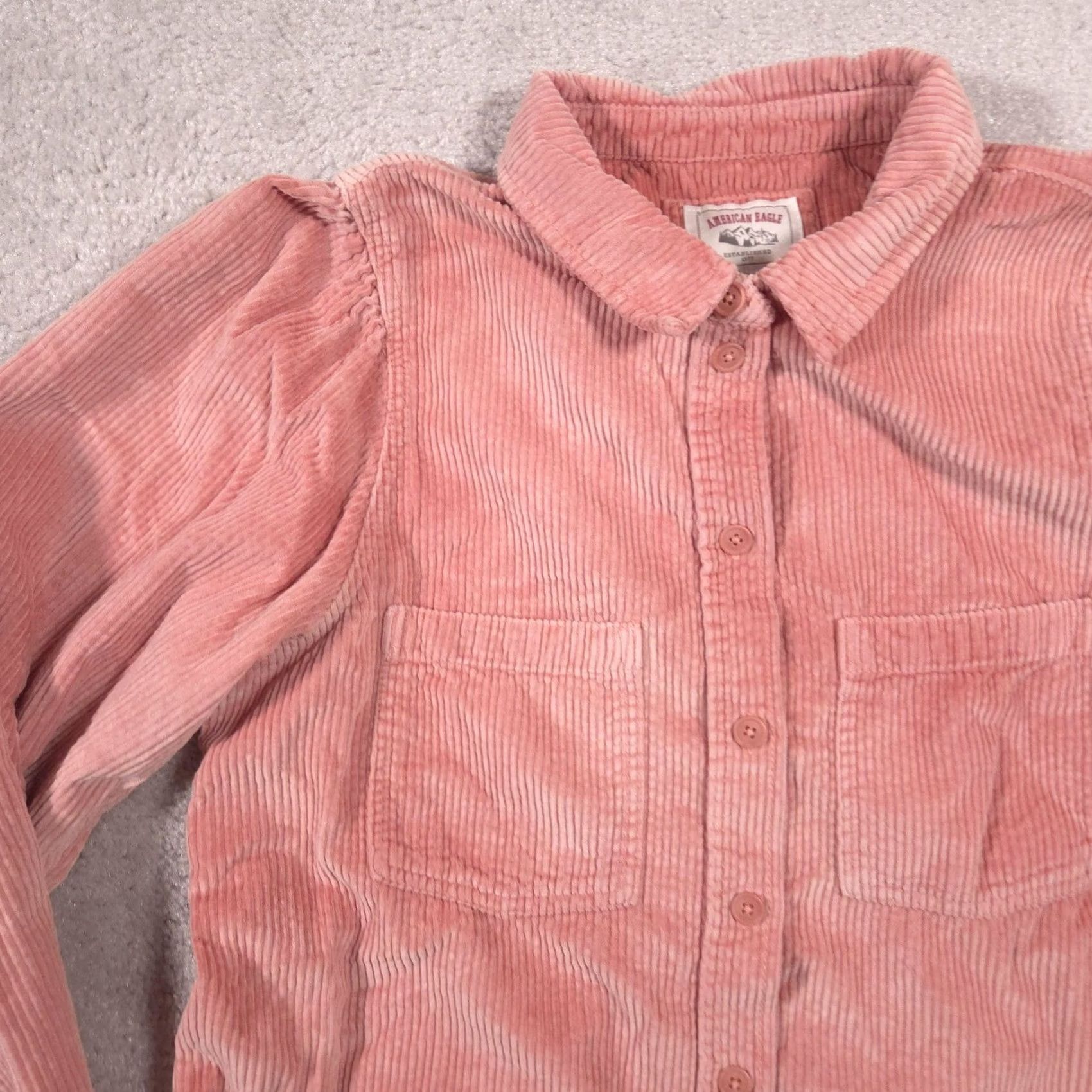 American Eagle Outfitters American Eagle Outfitters Button Up Shirt Womens M Pink Corduroy Puff Sleeve Size M / US 6-8 / IT 42-44 - 3 Thumbnail