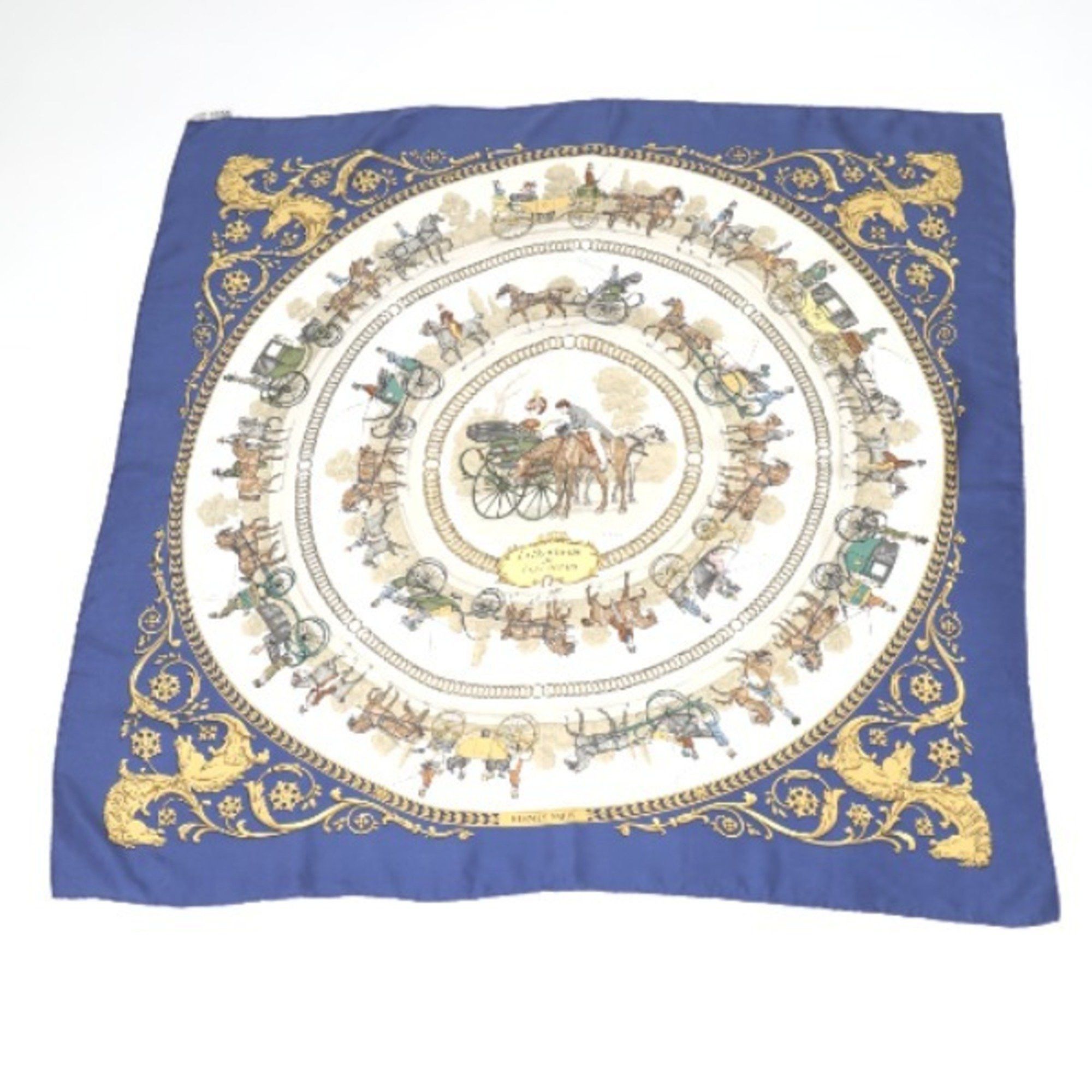 image of Hermes Scarf La Promenade De Longchamps Silk Carré 90 Blue, Women's