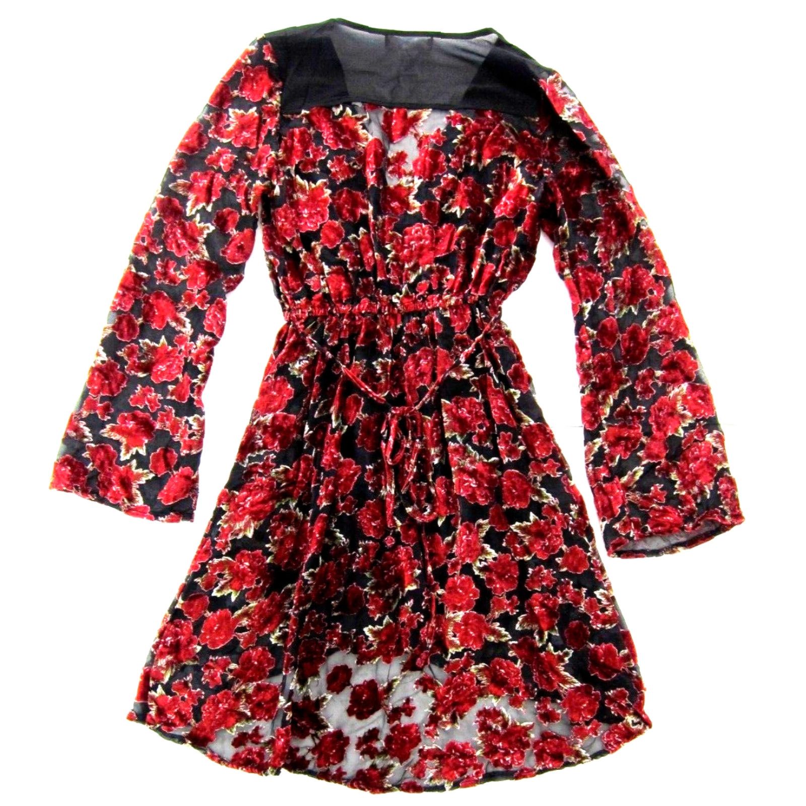 Velvet Band Of Gypsies Red Floral Velvet Long Sleeve V-Neck Wrap Dress M Women's dress Size M / US 6-8 / IT 42-44 - 2 Thumbnail