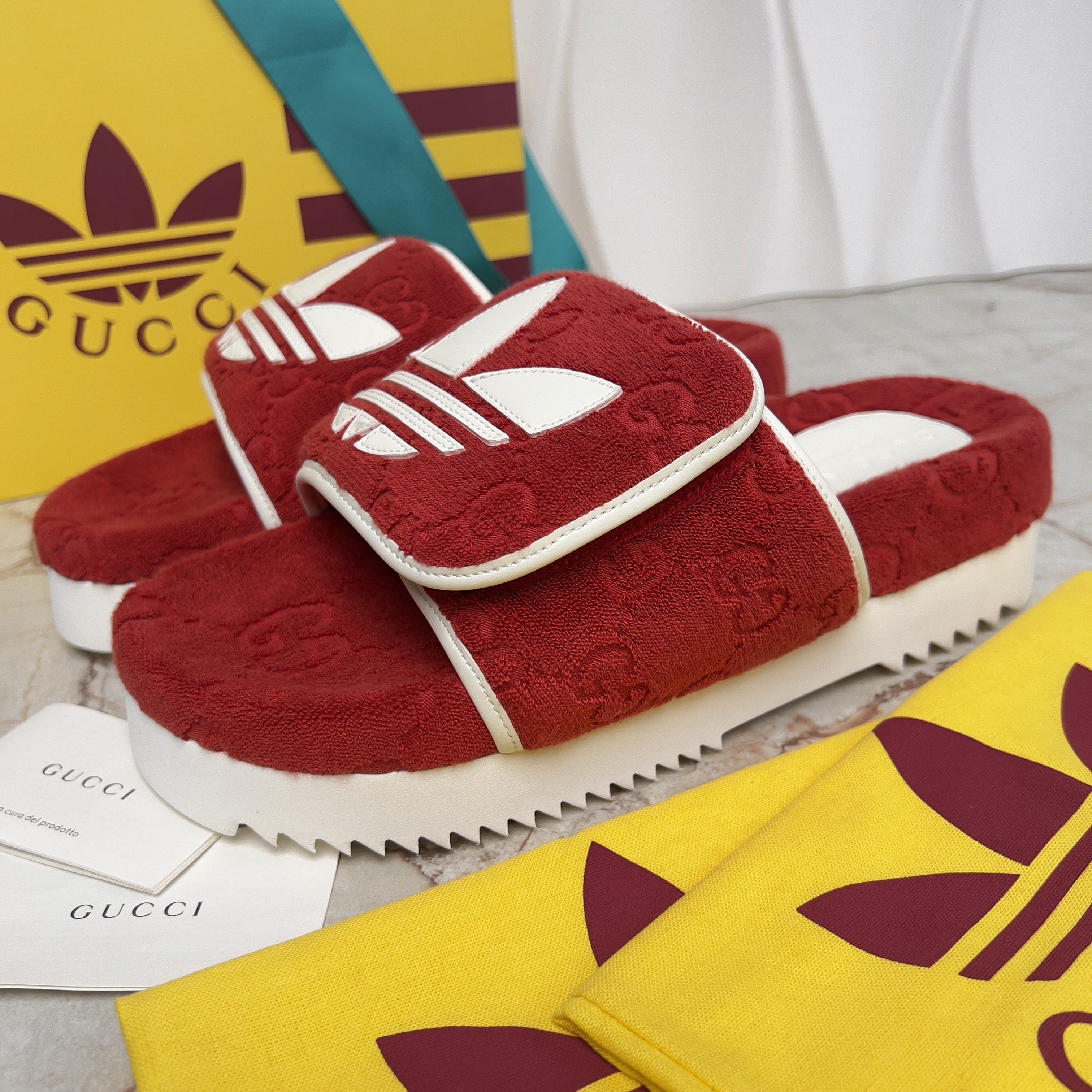 Gucci Adidas Monogram GG Platform Slide Sandals Red Velour 