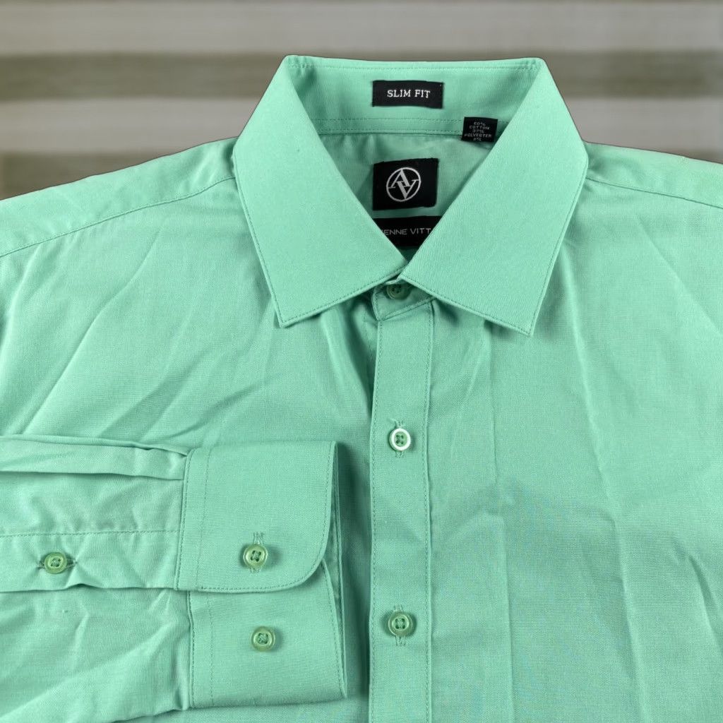 Vintage Adrienne Vittadini Men Slim Fit Button Down Shirt Green 15 32/33 Mint Green Medium Long Sleeve Collared Solid 60% Cotton 37% Polyester 3% Spandex Size US M / EU 48-50 / 2 - 1 Thumbnail