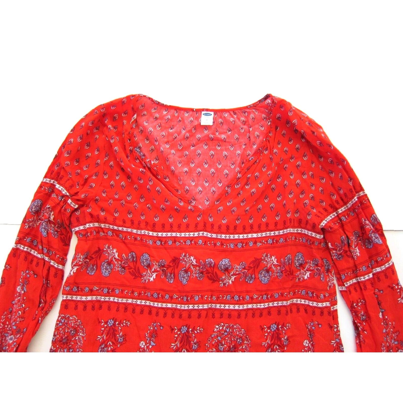 Old Navy Old Navy Blouse (M) Peasant Tunic Floral Long Sleeve Red White Blue 100% Rayon Womens Shirt Size M / US 6-8 / IT 42-44 - 3 Thumbnail