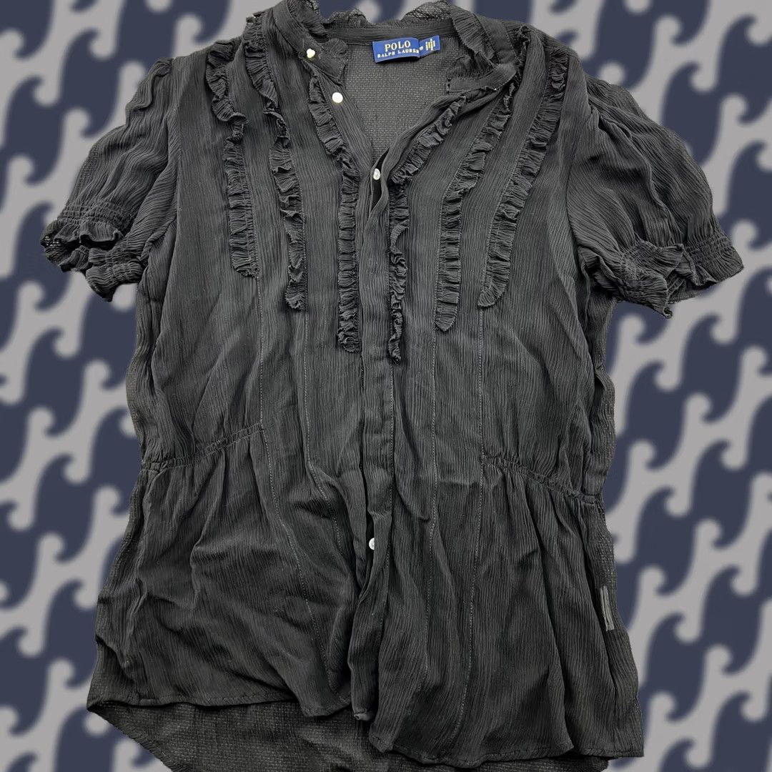 Polo Ralph Lauren Polo Ralph Lauren Shirt Womens Size 10 Black Ruffle Blouse Short Sleeve Buttoned Round Neck T-Shirt Jersey Activewear Casual Mens Womens Boys Girls Size L / US 10 / IT 46 - 1 Thumbnail