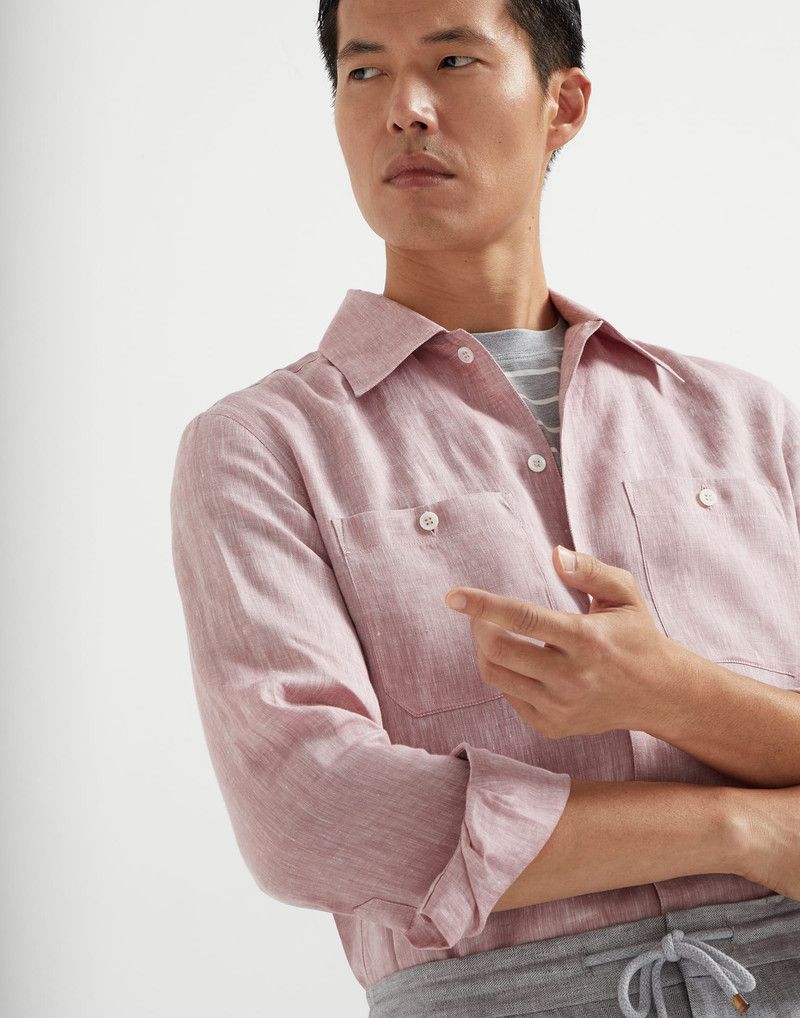 Brunello Cucinelli o1la1rc1a0326 Linen Easy Fit Shirt With Chest Pockets Pink Size US L / EU 52-54 / 3 - 3 Thumbnail