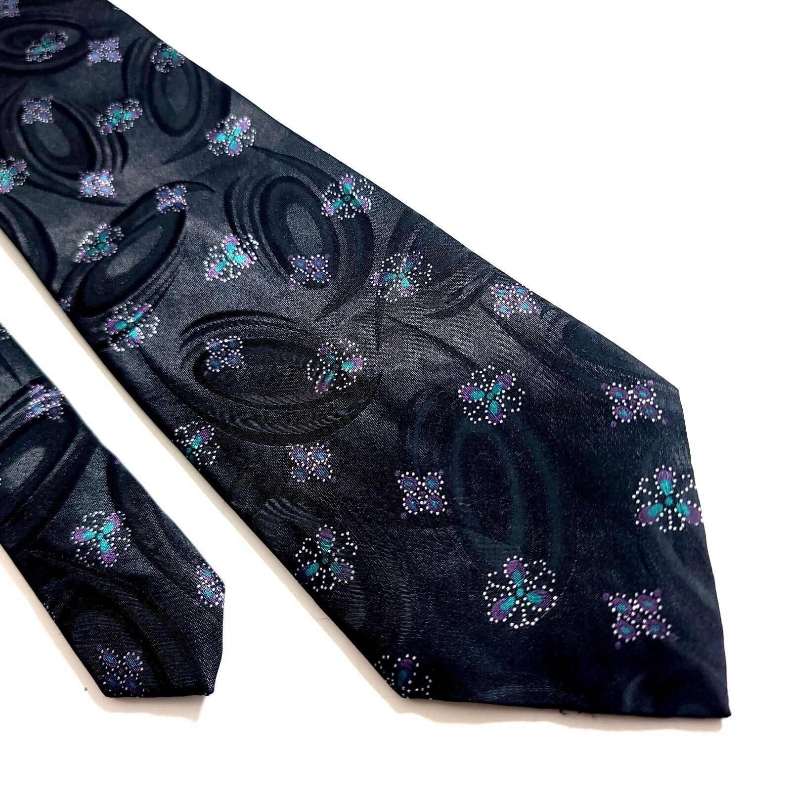 Designer Hathaway Black Teal Purple Floral Polyester Woven Tie Size ONE SIZE - 1 Thumbnail