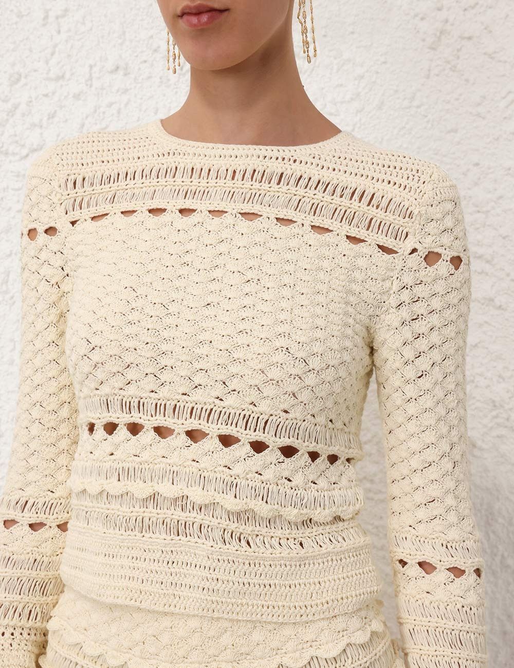 Zimmermann oc11z0525 Waverly Crochet Crew Neck Sweater in Beige Size XS / US 0-2 / IT 36-38 - 5 Thumbnail