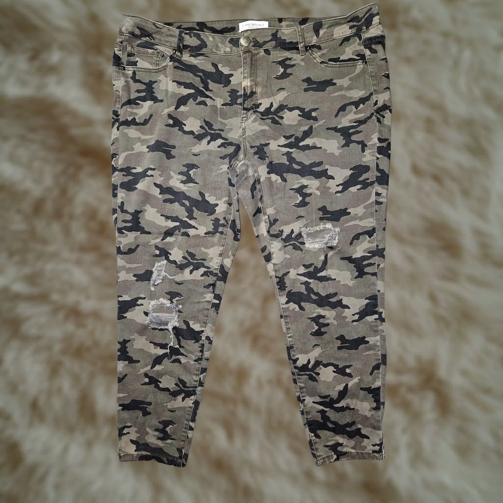 Vintage Lane Bryant Jeans Womens 22 Green Camo High Rise Skinny Distressed Stretch Denim Slim Fit Plus Size 27in Inseam Size 40" / US 18 - 1 Thumbnail