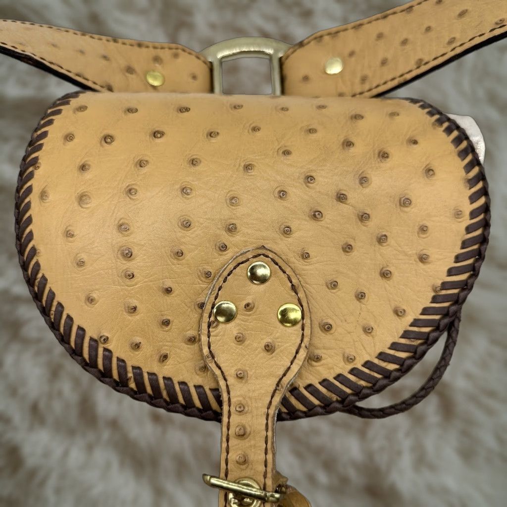 Skin Womens Backpack Orange Tan Ostrich Leather Small Drawstring Cowgirl Stitch Leather BackPack Womens Size ONE SIZE - 1 Thumbnail