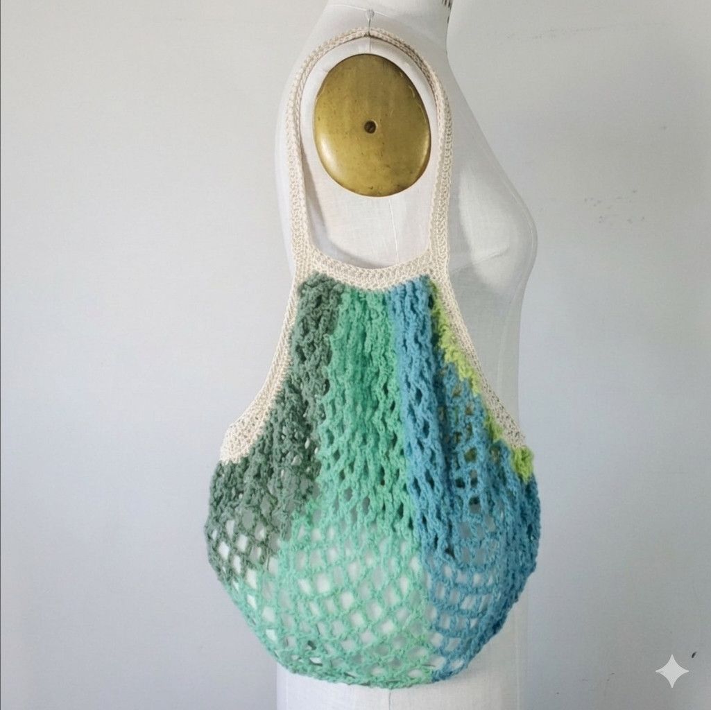 Handmade Handmade Green Farmers Market Bag Crochet French Net Sack Size ONE SIZE - 4 Thumbnail