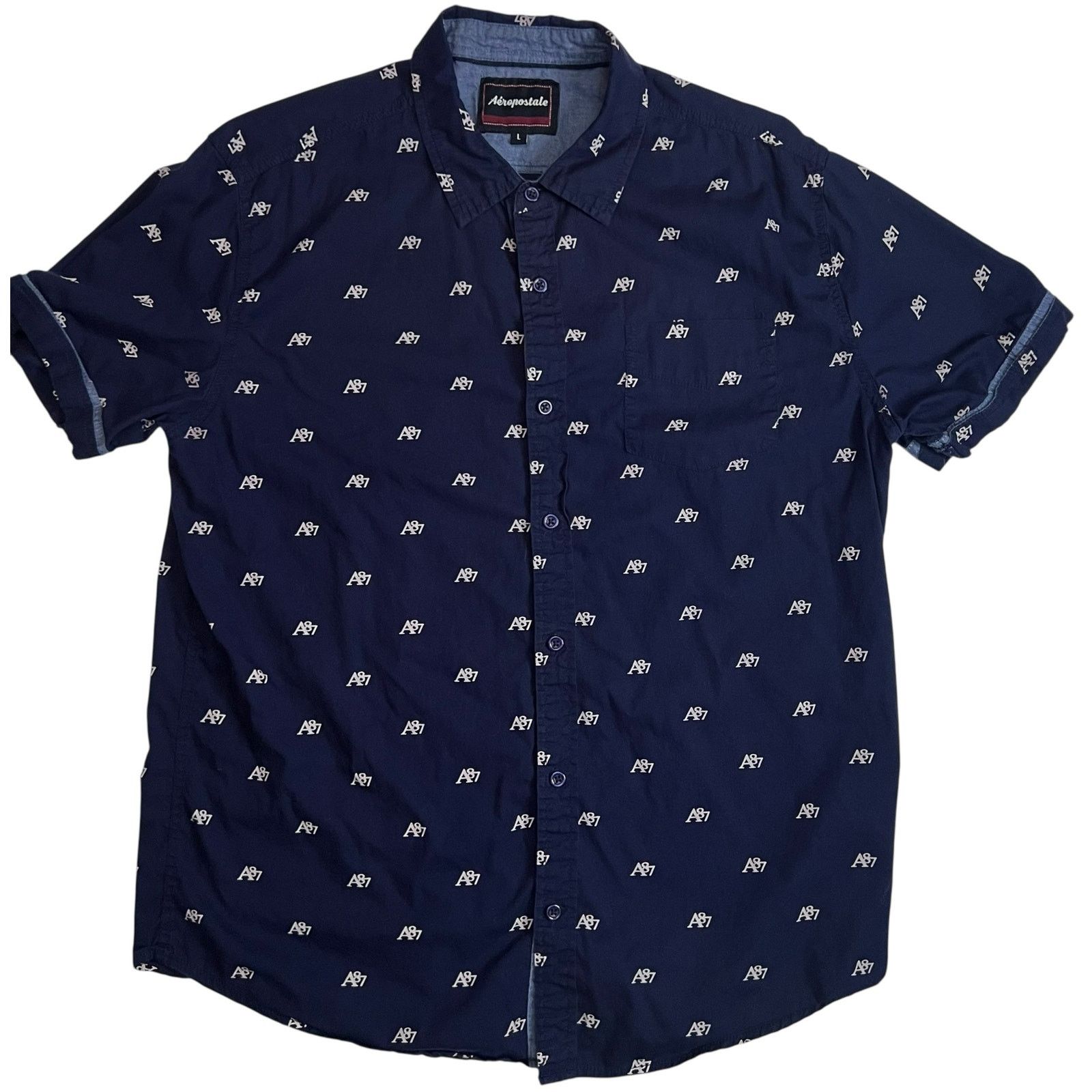 Aeropostale Aeropostale A87 Men’s Short Sleeve Button Up Shirt Navy Blue Size US L / EU 52-54 / 3 - 6 Thumbnail