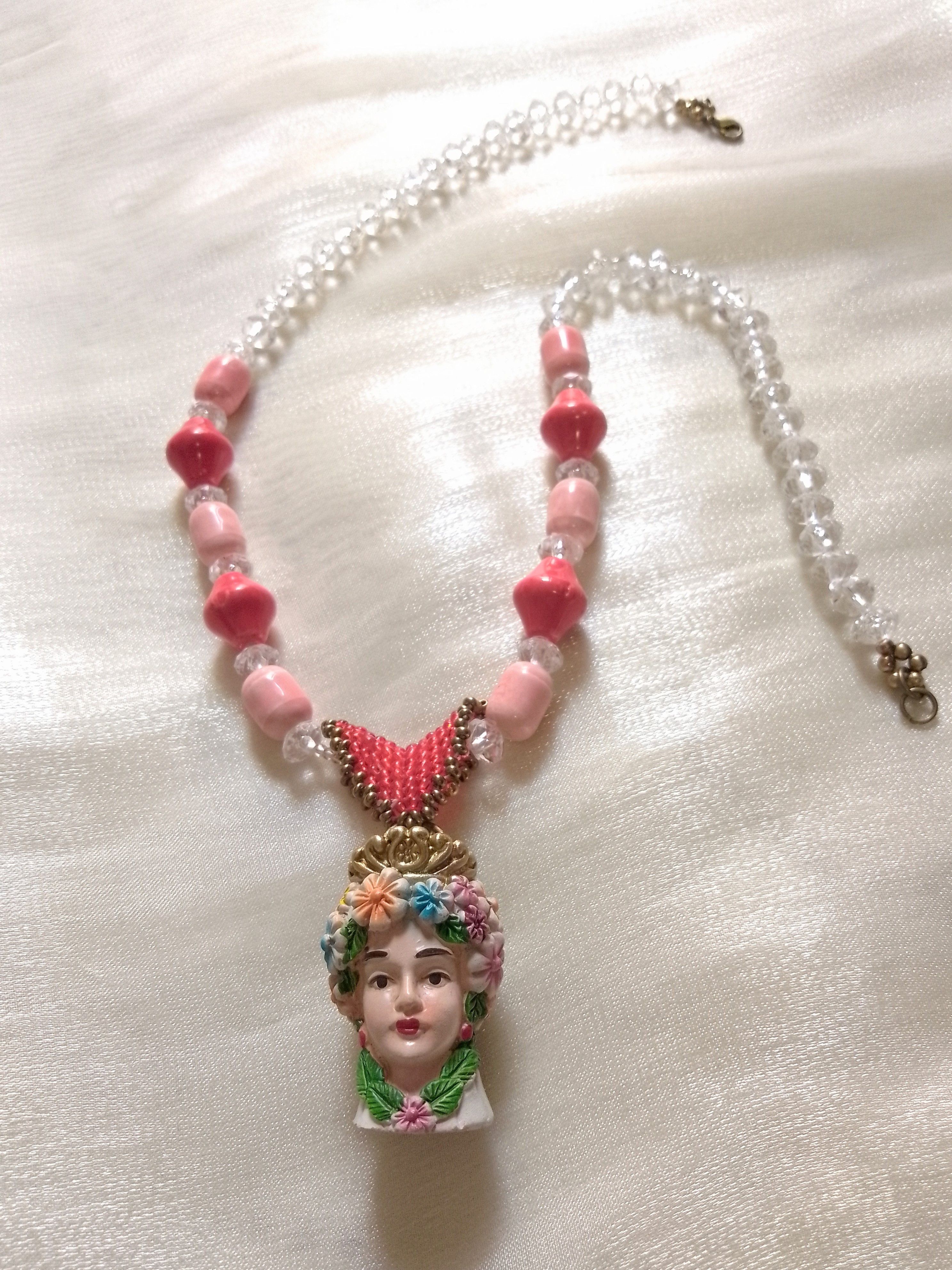 Handmade Long Sicilian Necklace with Head of Moor pendant Ceramics Size ONE SIZE - 3 Thumbnail