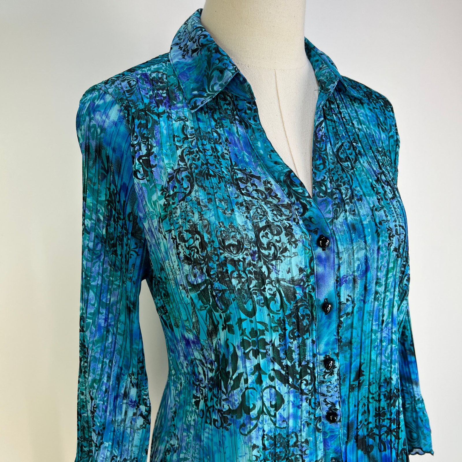 Other Laura Scott Blue Damask Printed Pleated Stretch Shirt Top Size M / US 6-8 / IT 42-44 - 2 Thumbnail
