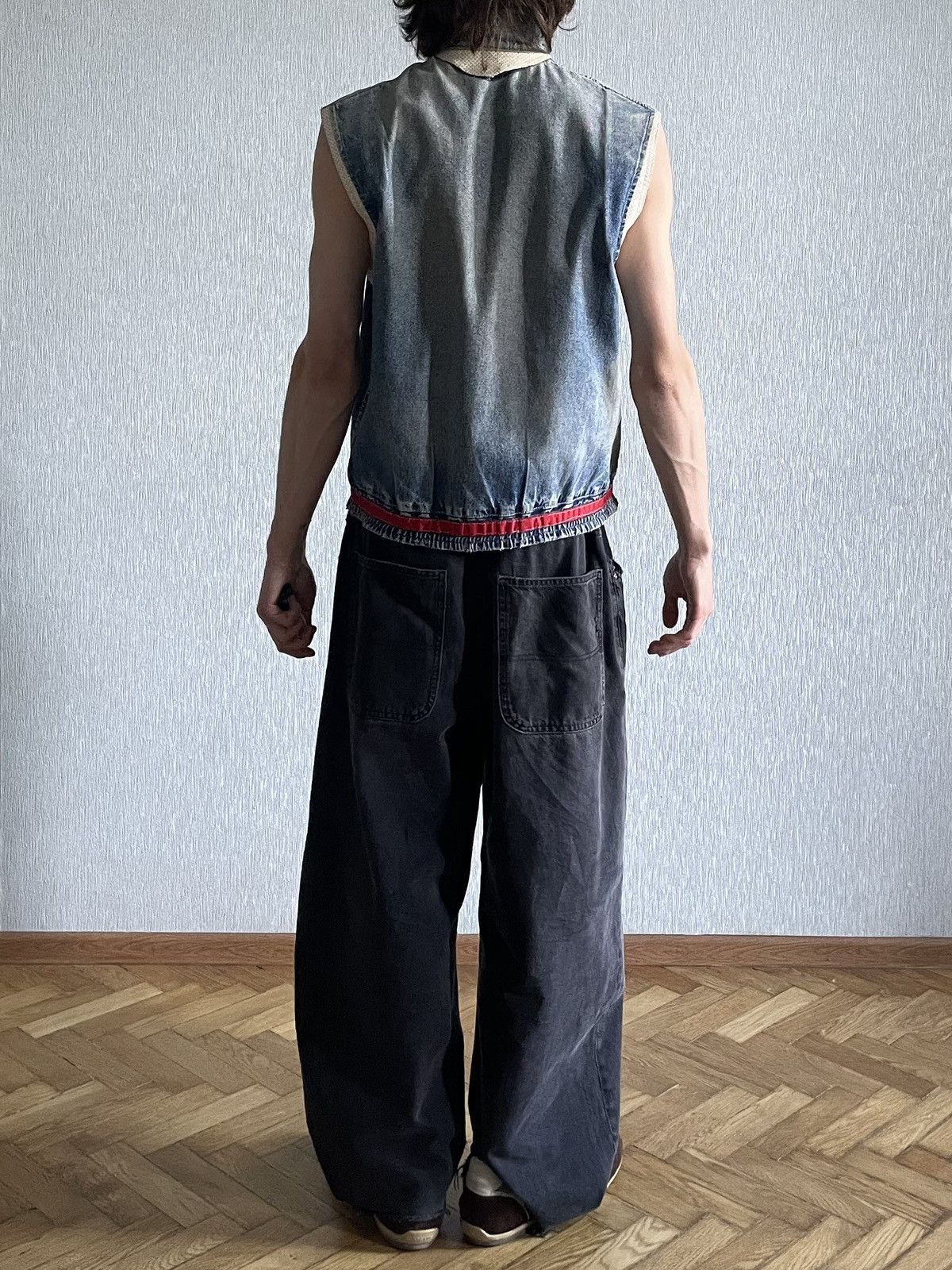 Vintage 1970s Leather Vest On Riri Zipper, Stonewashed Denim- Wescot Size US L / EU 52-54 / 3 - 6 Thumbnail