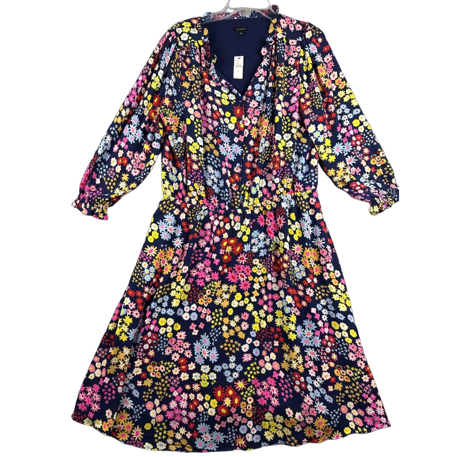 Talbots Dress Womens XL Navy Multicolor Floral Fit & Flare V-Neck 3/4  Sleeve Lined - crrs.pl