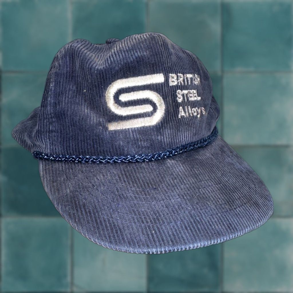 VINTAGE British Steel Alloys Hat Cap Snapback Corduroy Blue 80s Rare Used Mens One Size Blue Snapback 80s Vintage Hat Cap