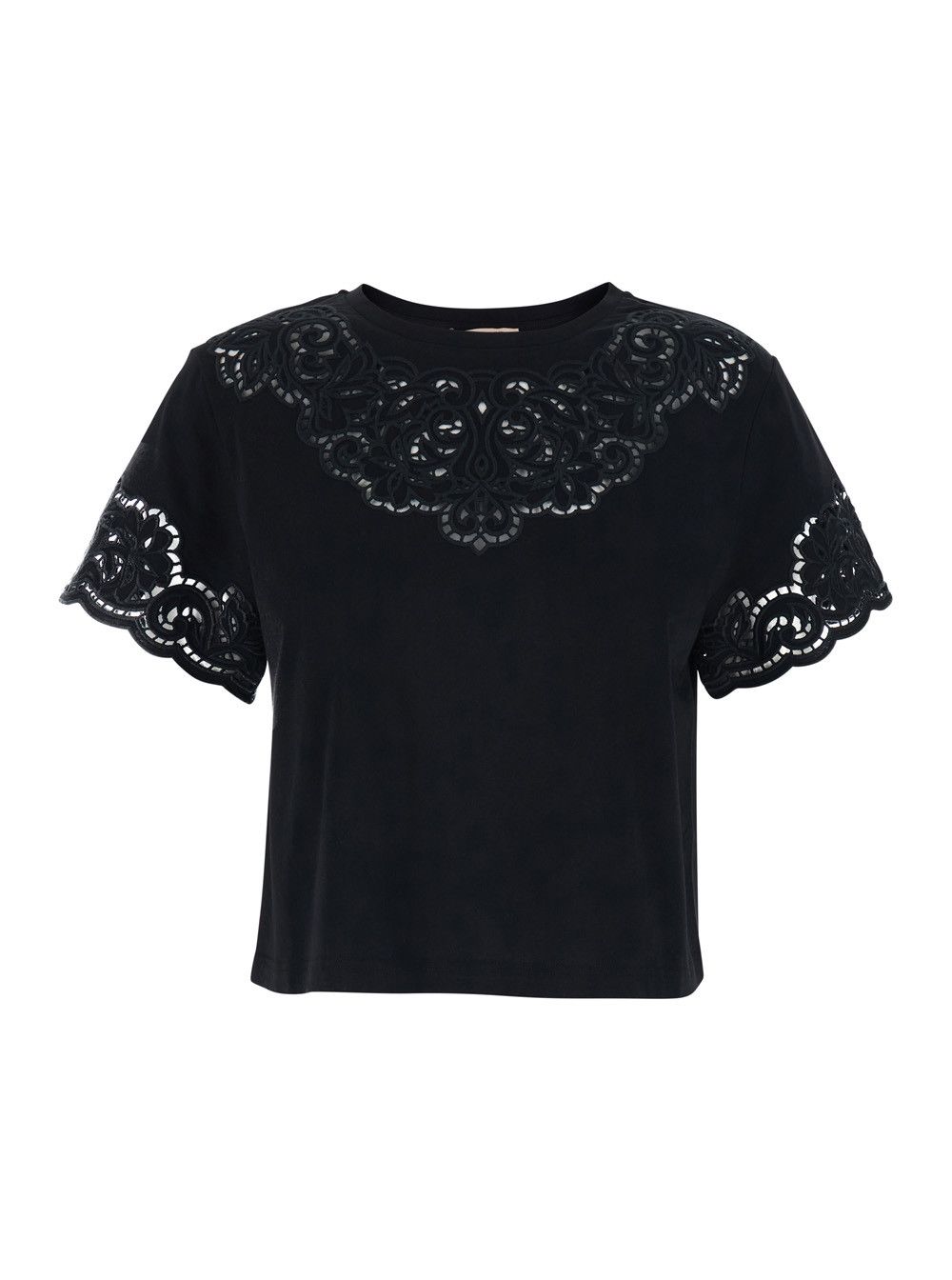 TWINSET Black T-shirt with Lace Details in Cotton for Women Size S / US 4 / IT 40 - 1 Thumbnail