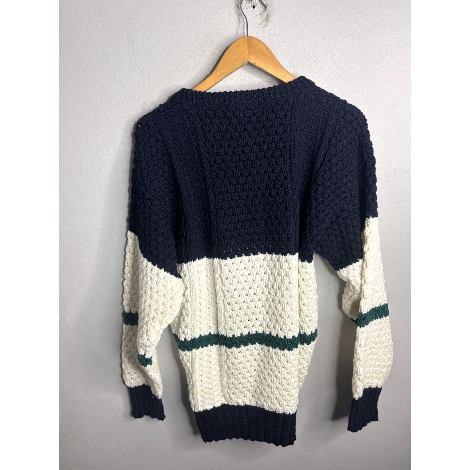Vintage Donegal II Sweater Mens Small Navy Cream Aran Fisherman Hand Loomed Ireland Size US S / EU 44-46 / 1 - 6 Thumbnail