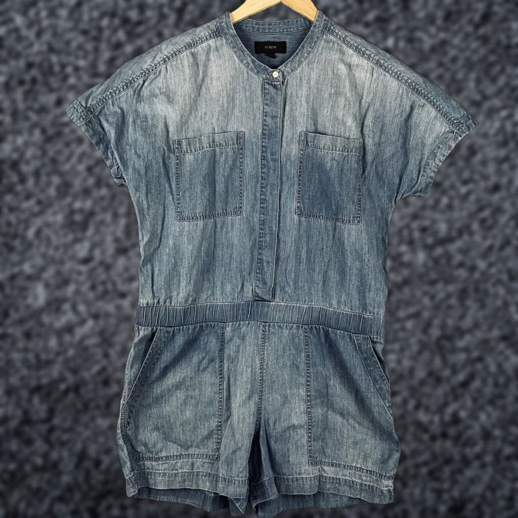 J.Crew J.Crew Denim Chambray Romper Women's 14 Blue Short Sleeve Button 2010s Y2K T59 Size 36" / US 14 / IT 50 - 1 Thumbnail
